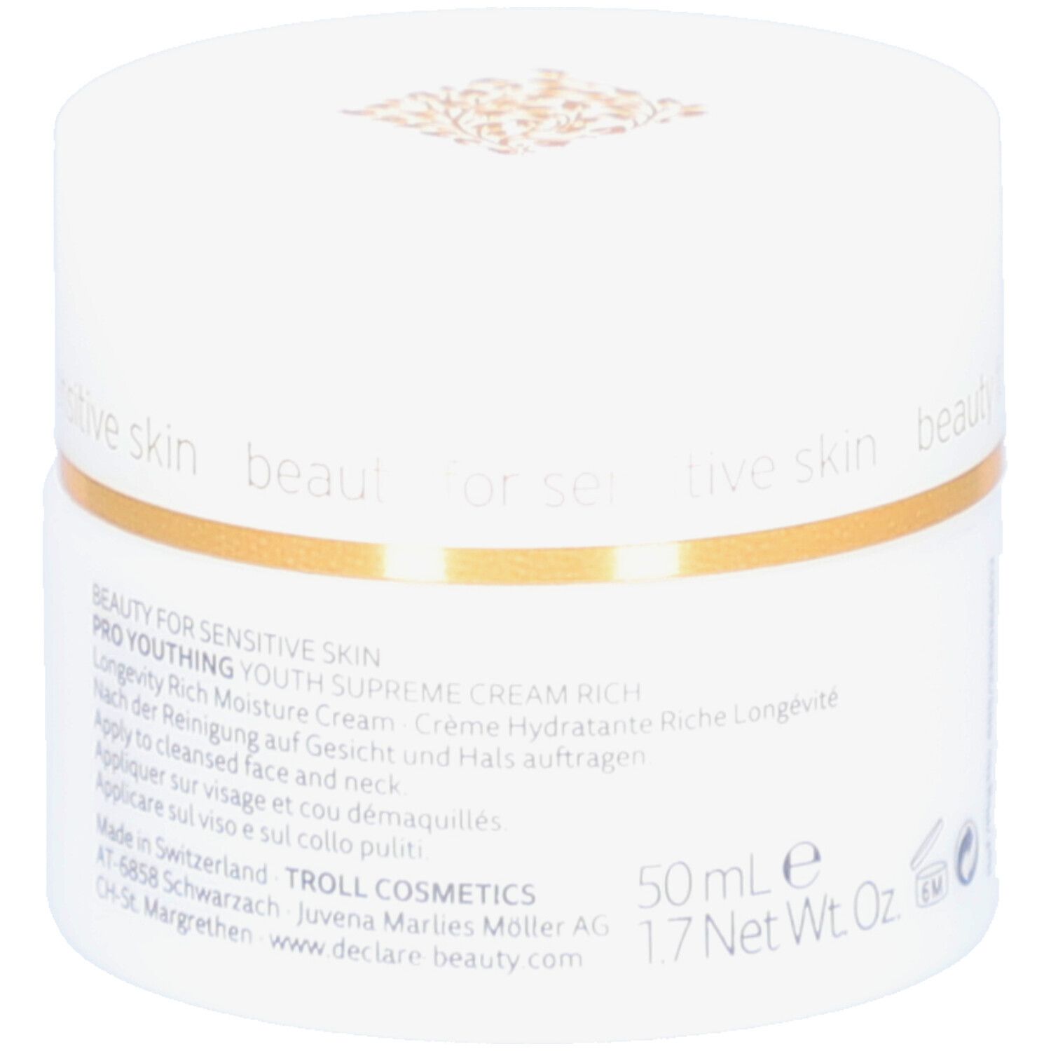 Weißer Tiegel mit goldfarbenem Rand. Aufschrift: DECLARÉ, Youth Supreme Cream Rich. Text auf dem Tiegel.