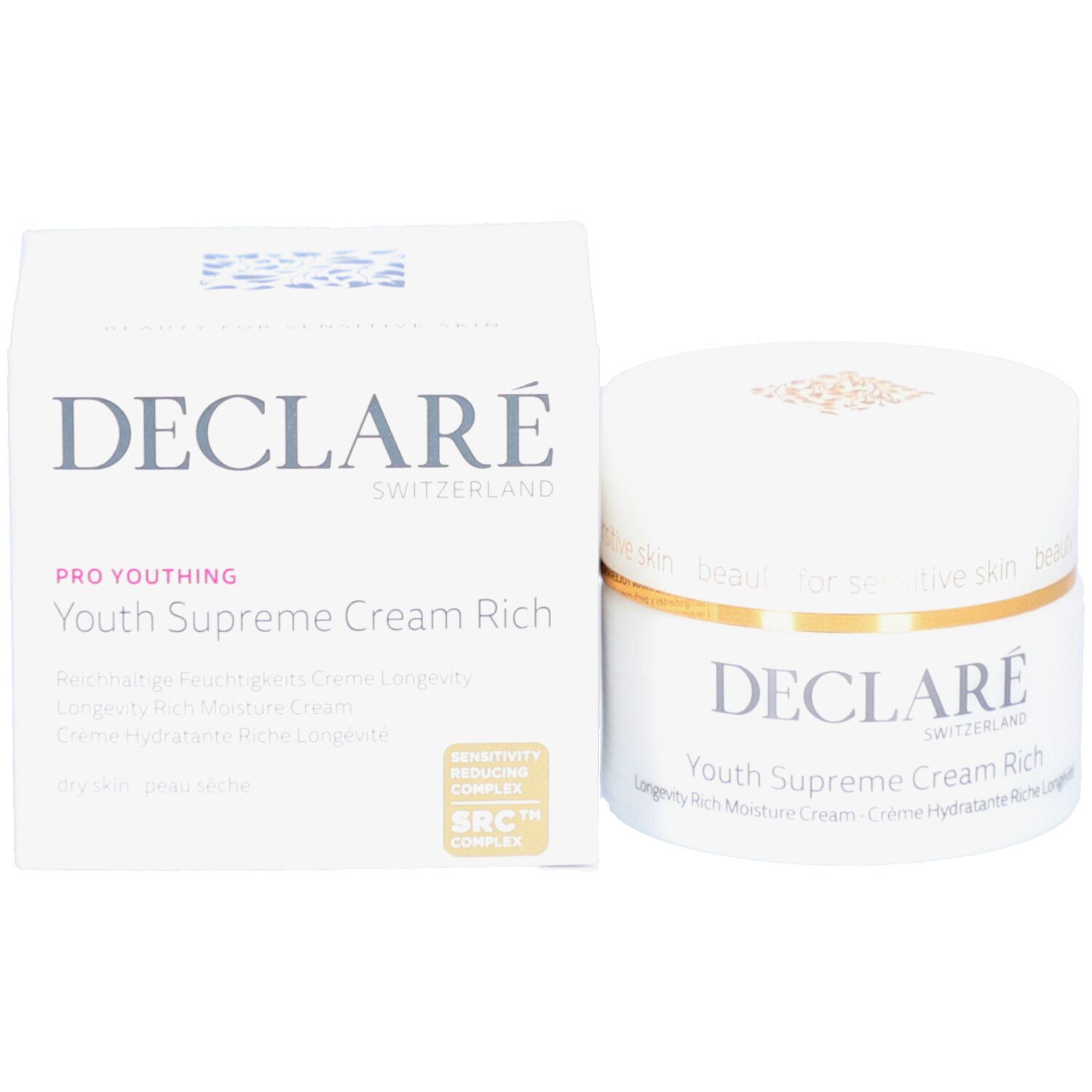 Produktverpackung: Tiegel und Schachtel. Aufschrift: DECLARÉ, Youth Supreme Cream Rich. Logo und Text.
