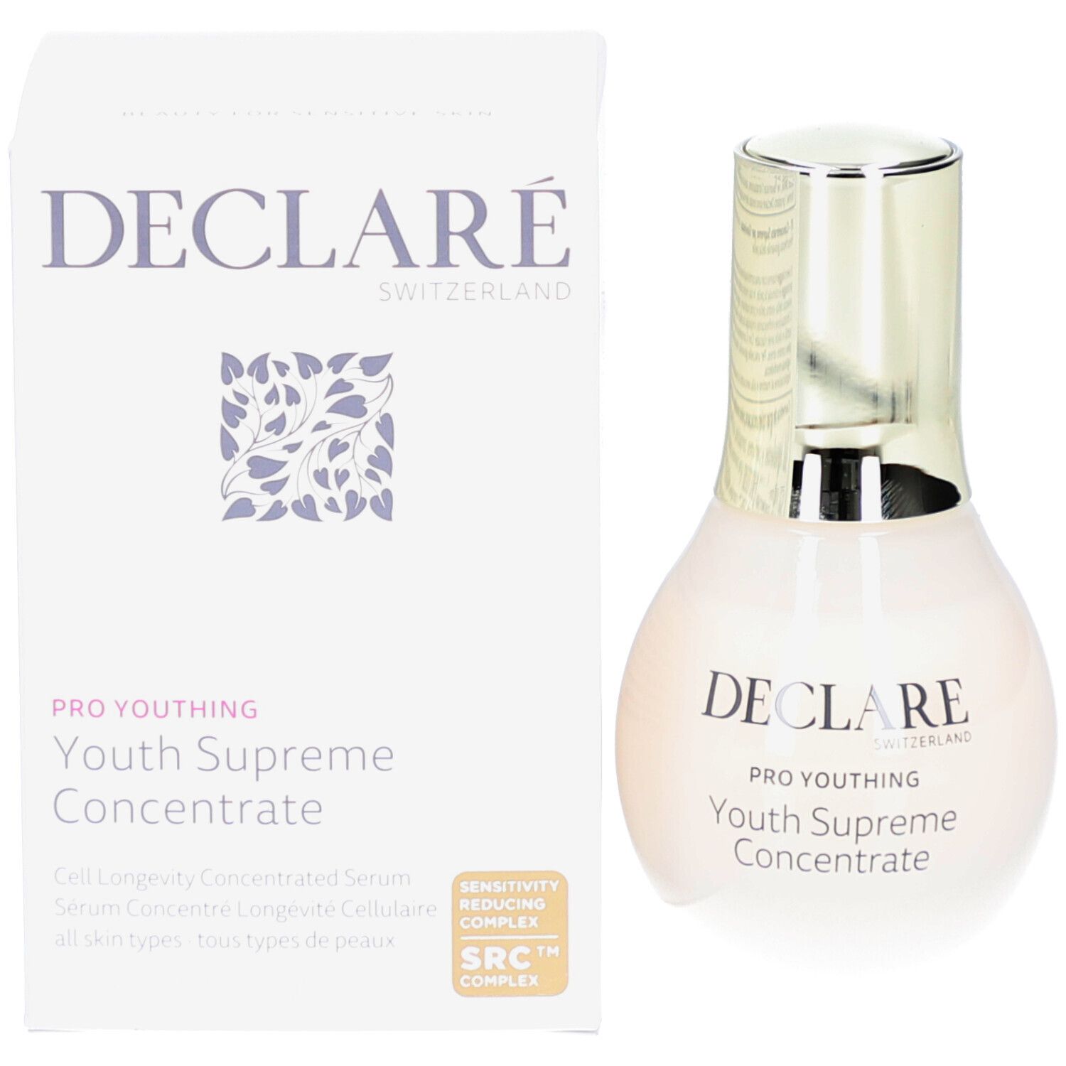 Kremflasche und Verpackung. Aufschrift: DECLARE SWITZERLAND, Youth Supreme Concentrate.