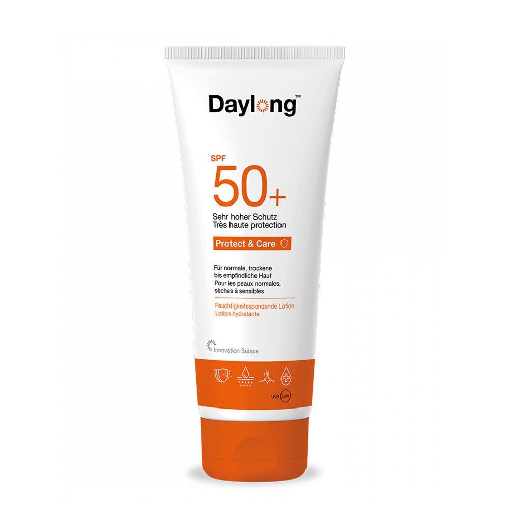 Weiße Tube mit orangefarbenem Deckel. Aufschrift Daylong, SPF 50+, Protect & Care. Für normale, trockene Haut.