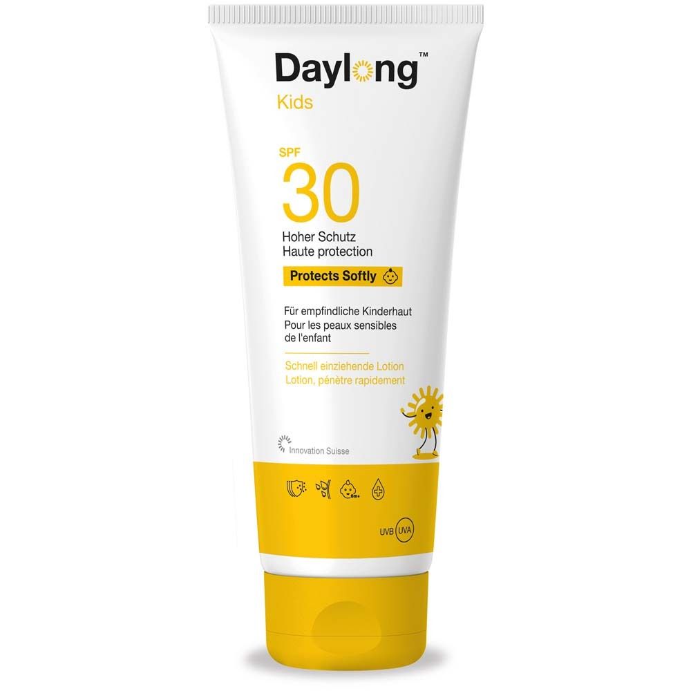 Weiße Tube mit gelbem Deckel. Aufschrift: Daylong Kids SPF 30. Enthält Sonnencreme. Mit Illustration einer Sonne.