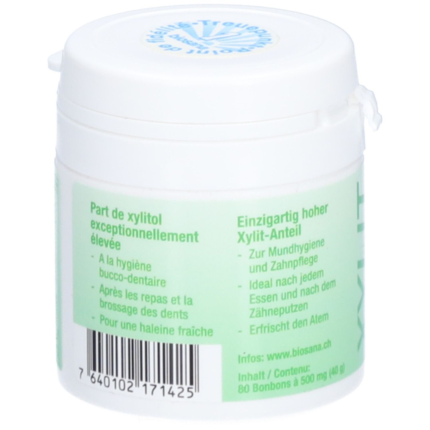 Rückseite des weißen Behälters. Text: Hoher Xylit-Anteil, Mundhygiene, frischer Atem. Barcode und Inhaltsangabe.