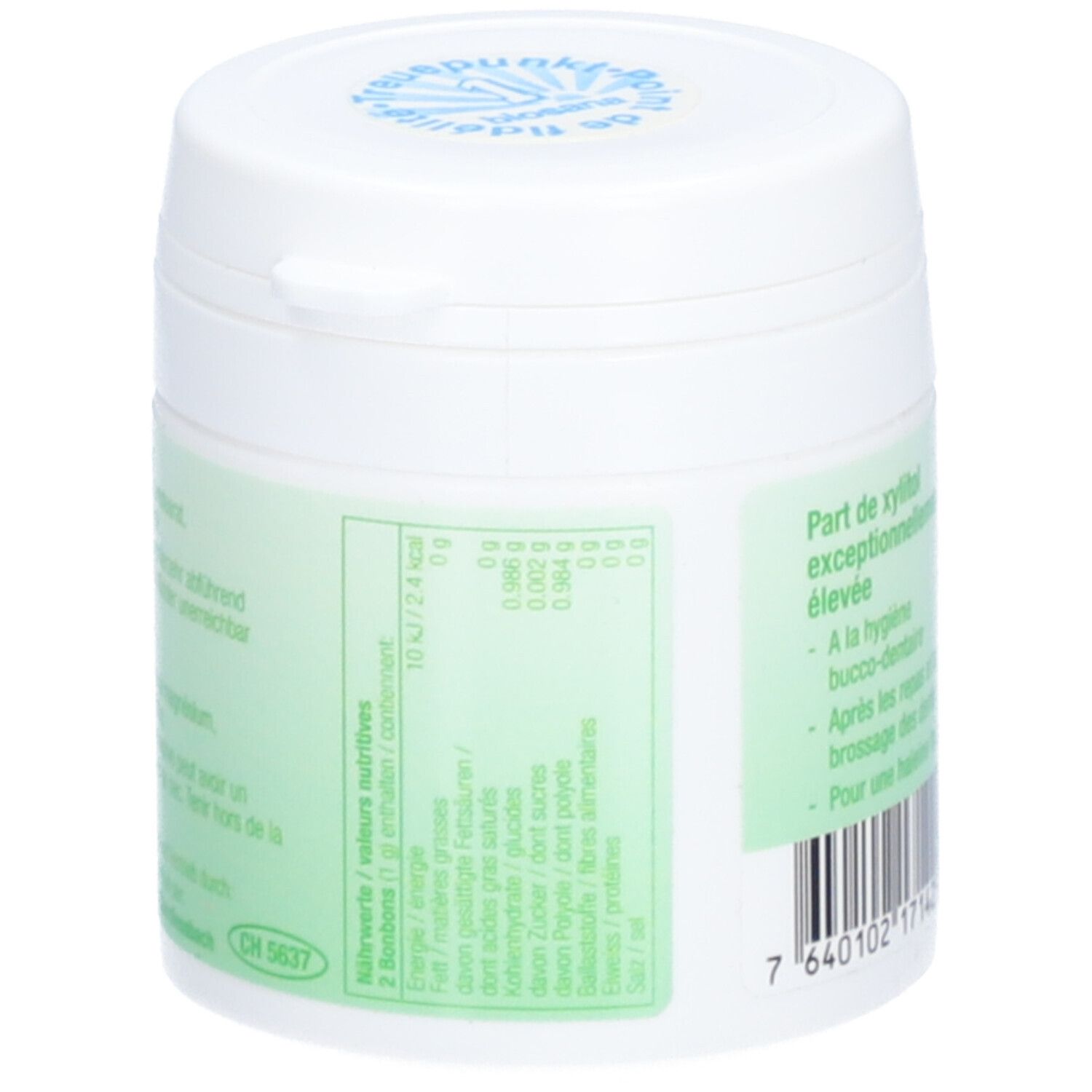 Rückseite des weißen Behälters. Nährwertangaben in Deutsch und Französisch. Barcode.