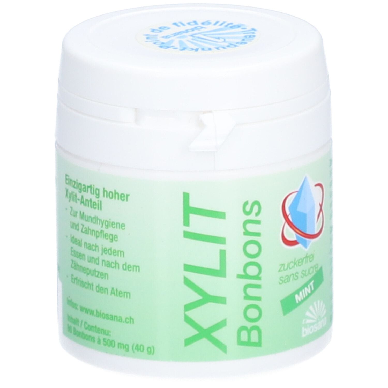 Weißer Behälter mit grünem Etikett. Aufschrift: XYLIT Bonbons, Mint, zuckerfrei. Logo: Biosana.