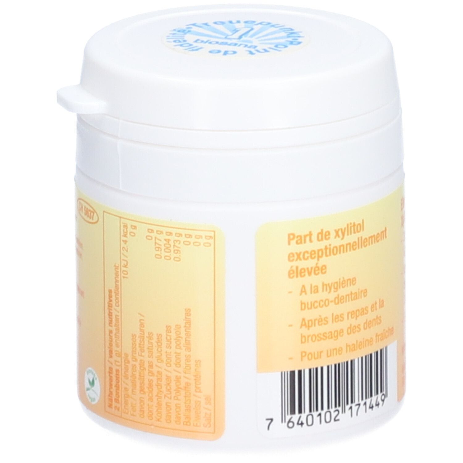 Witte pot met deksel. Tekst: Voedingswaarde. Streepjescode. Logo met blauw kristal. Opschrift: XYLIT Bonbons.