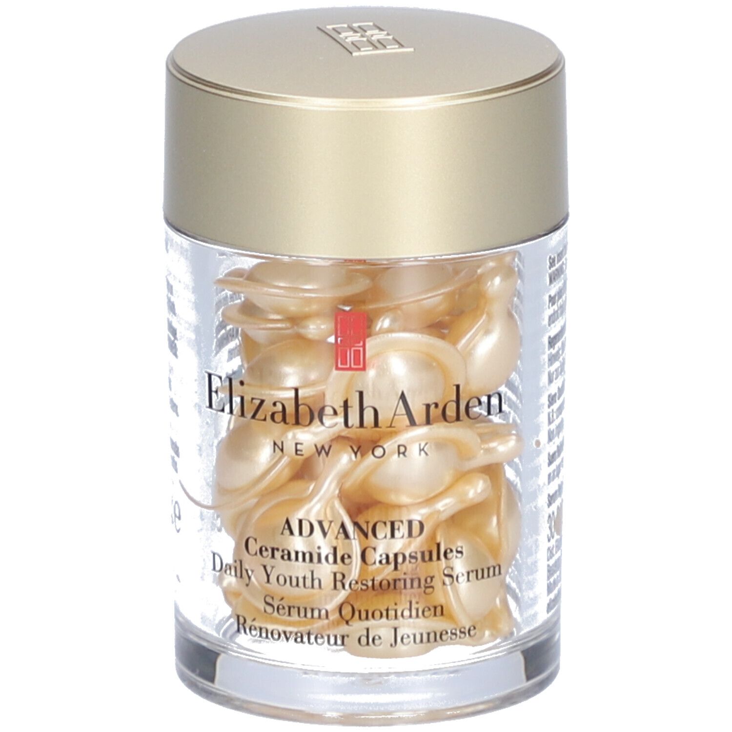Klarer Behälter mit goldenen Kapseln. Elizabeth Arden-Logo und Produktbezeichnung sind sichtbar.