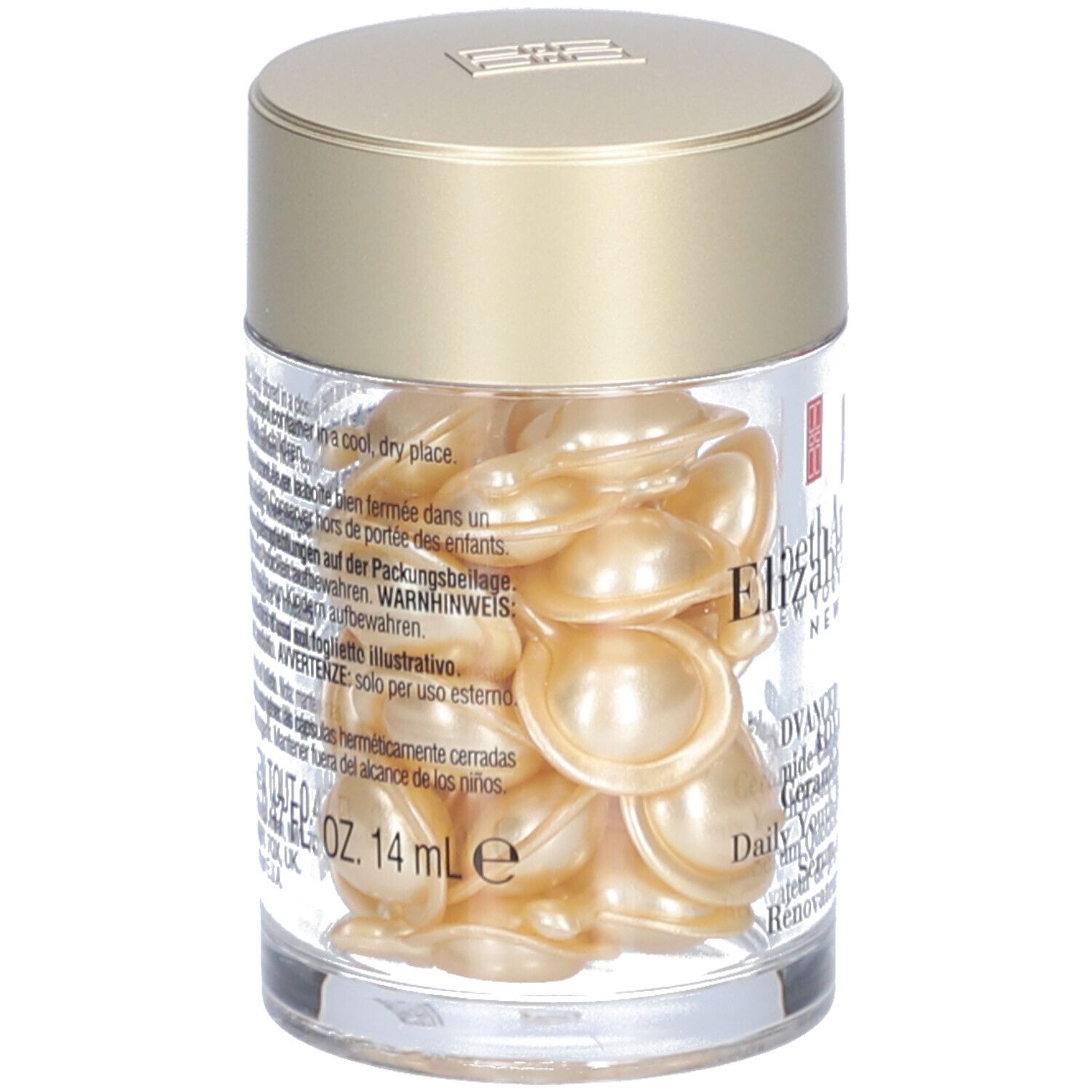 Transparenter Behälter mit goldenen Kapseln. Text auf dem Etikett, einschließlich 14 ml.
