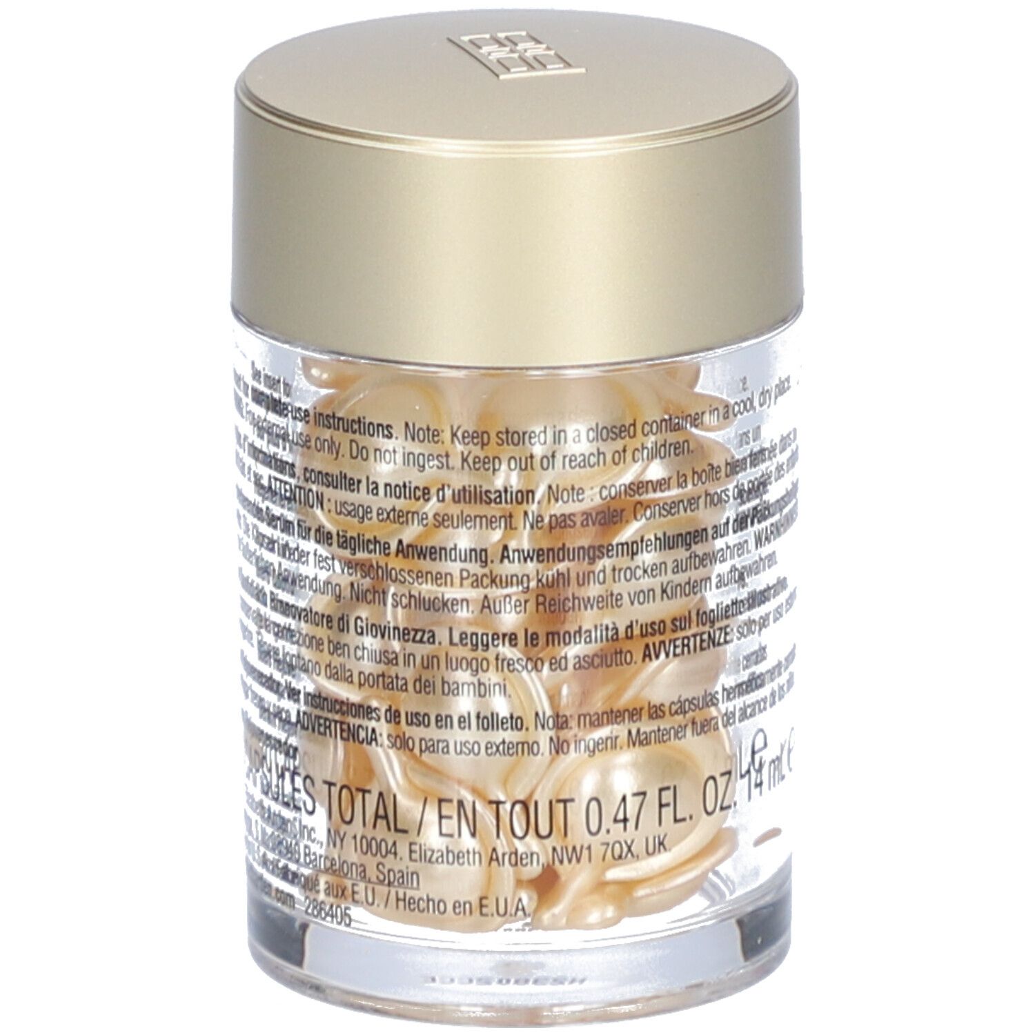 Transparenter Behälter mit goldenen Kapseln. Text auf dem Etikett, einschließlich 0,47 FL. OZ.