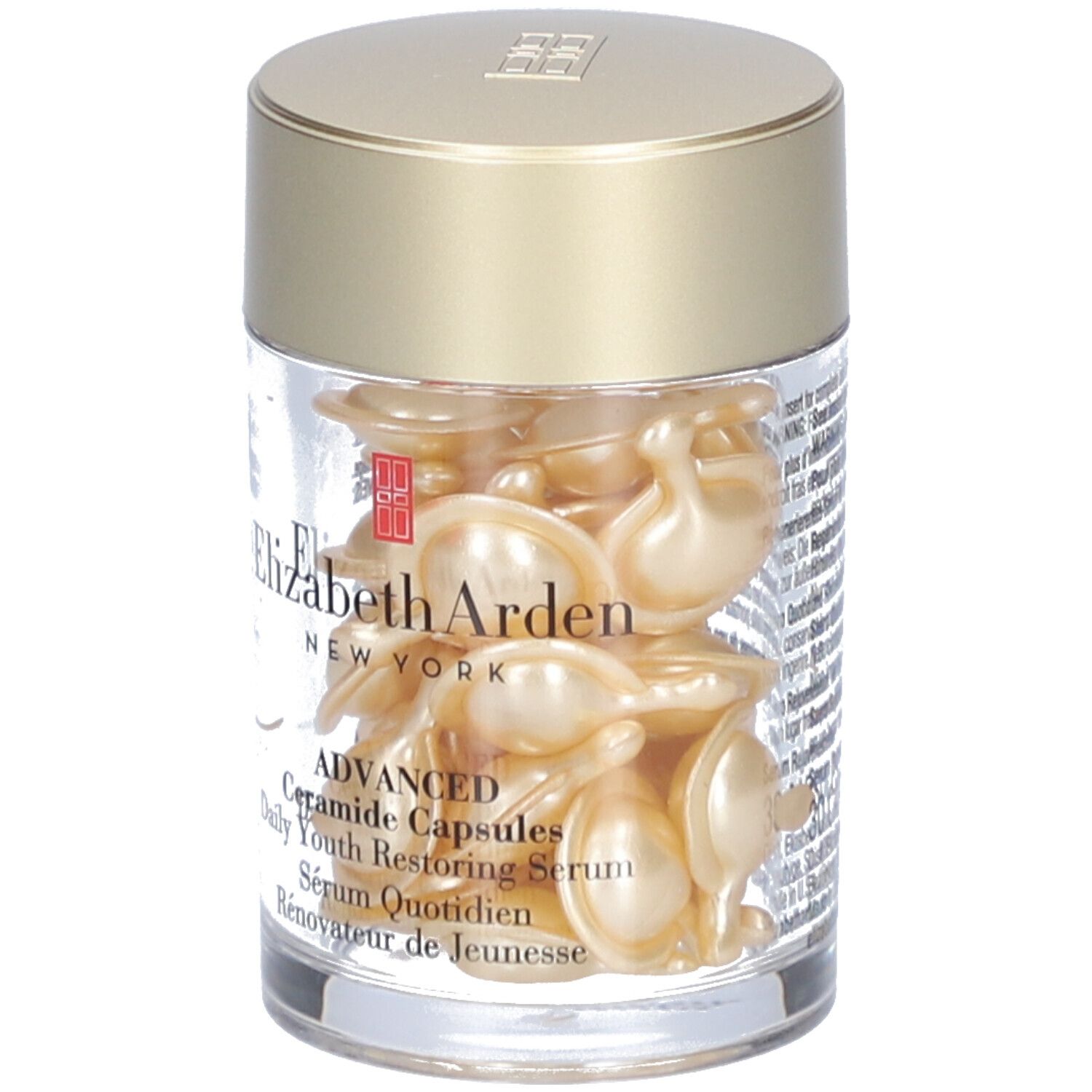 Transparenter Behälter mit goldenen Kapseln. Elizabeth Arden-Logo und Produktbezeichnung sind sichtbar.