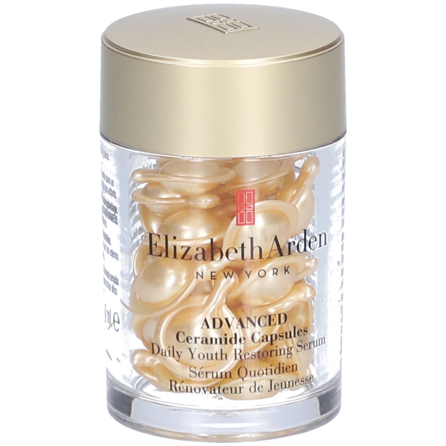 Transparenter Behälter mit goldenen Kapseln. Elizabeth Arden-Logo und Produktbezeichnung sind sichtbar.