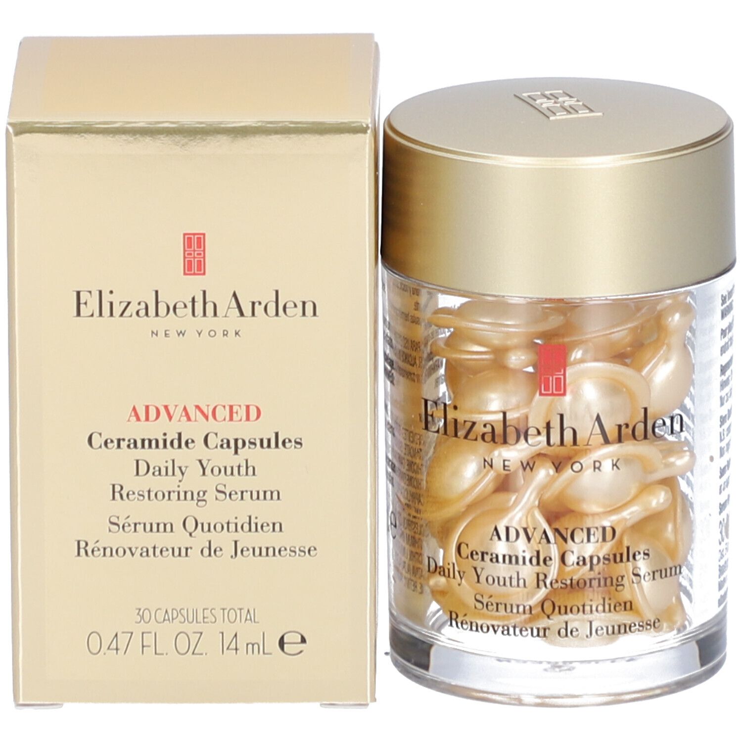 Produktverpackung mit Behälter und goldenen Kapseln. Elizabeth Arden-Logo und Produktbezeichnung sind sichtbar.