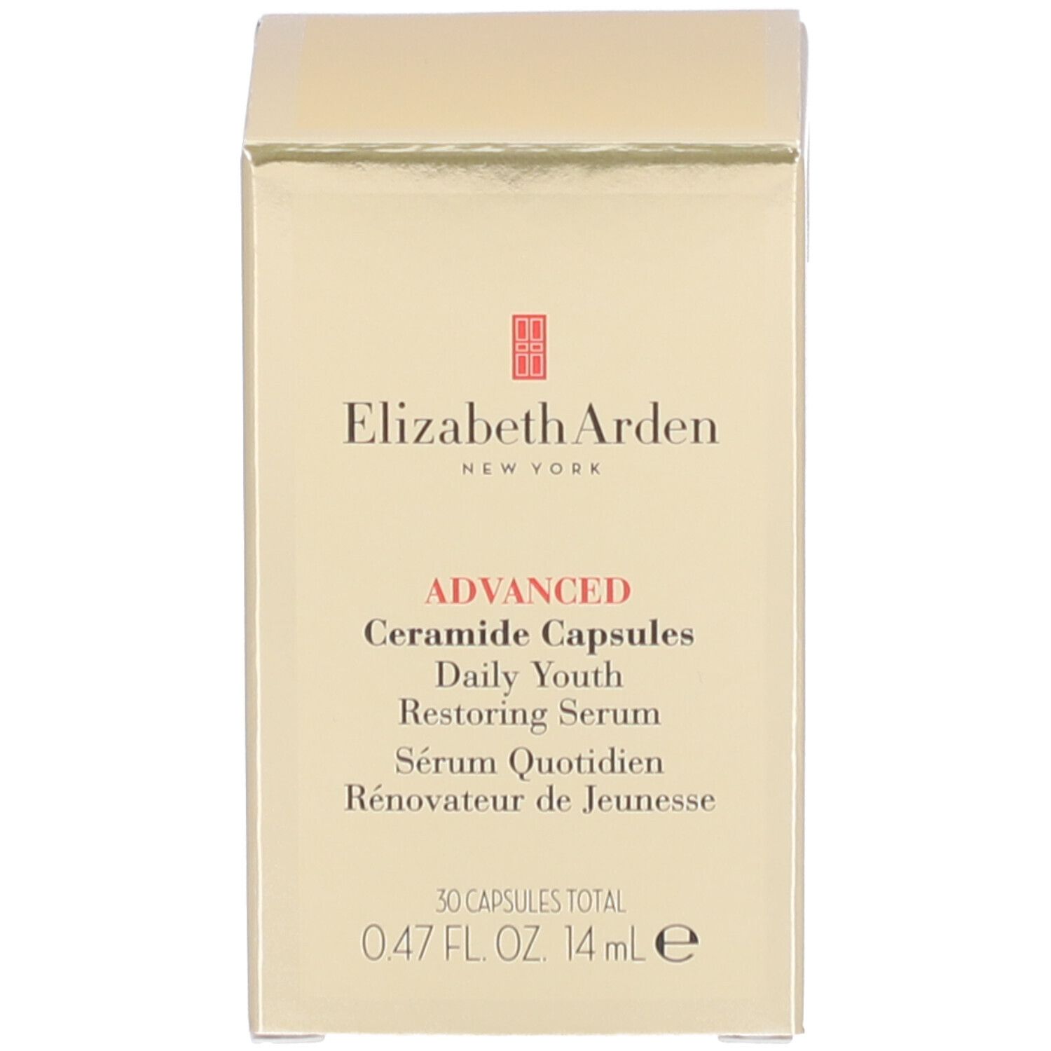 Goldfarbene Produktverpackung. Elizabeth Arden-Logo und Produktbezeichnung sind sichtbar.