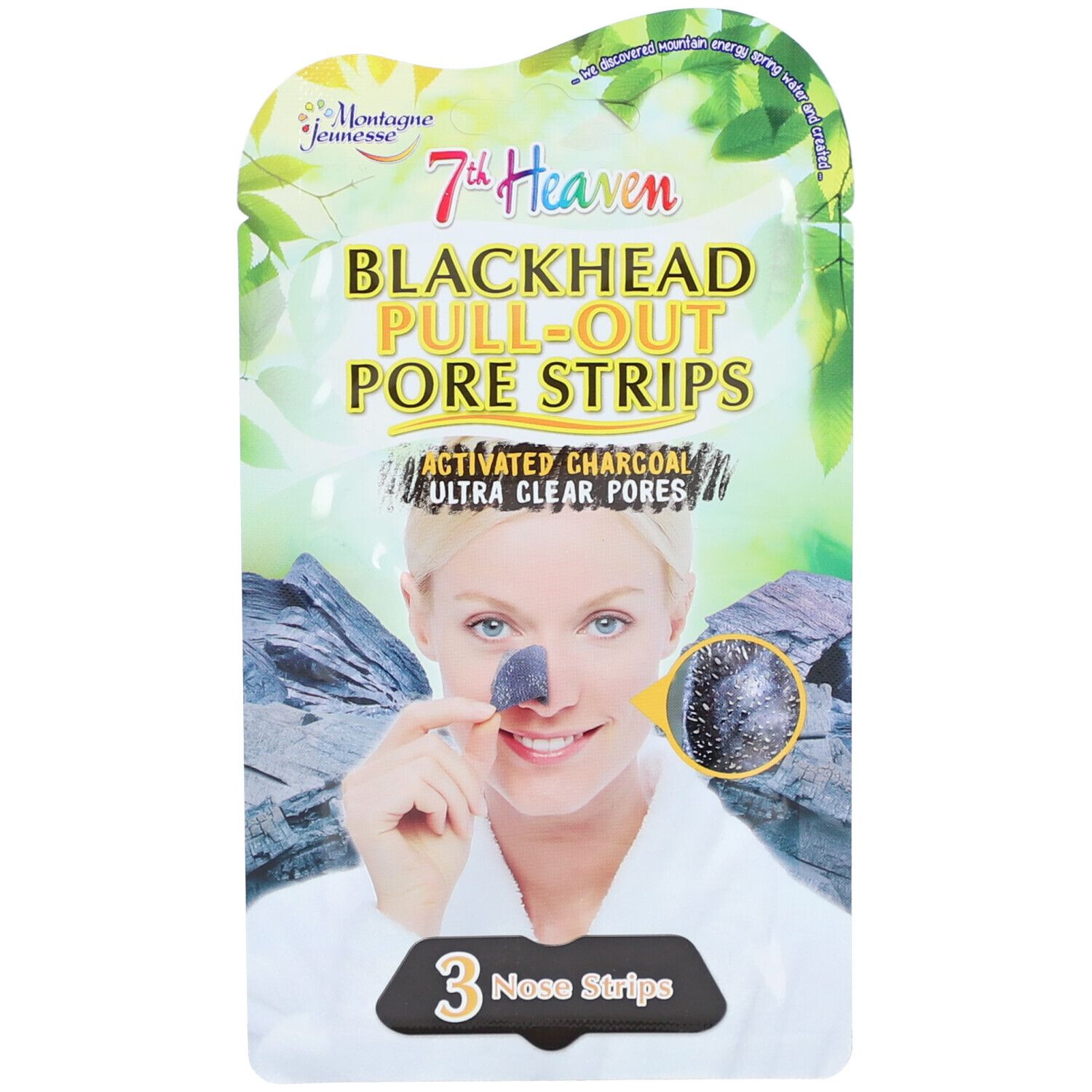 Verpackung mit 3 Nasenstreifen. Aufschrift: 7th Heaven Blackhead Pull-Out Pore Strips. Frau hält Streifen.