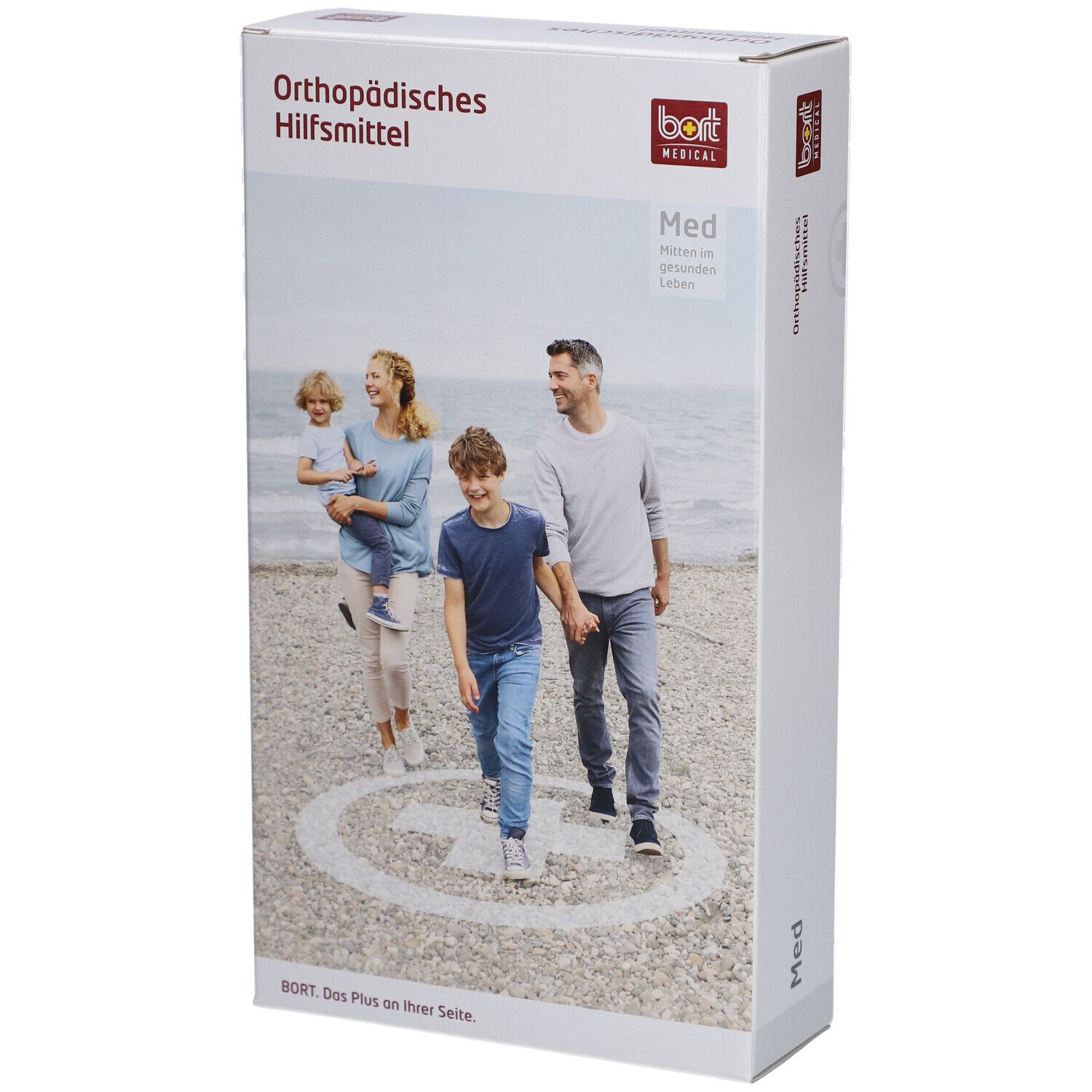 Verpackung von BORT Med. Orthopädisches Hilfsmittel. Aufdruck: Familie am Strand. Logo BORT MEDICAL.