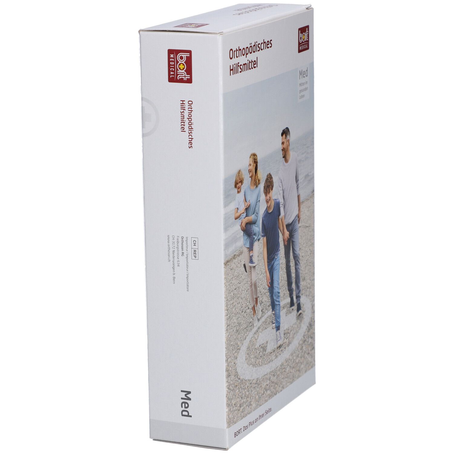 Verpackung BORT Med. Orthopädisches Hilfsmittel. Seitenansicht. Logo BORT MEDICAL. Text und Piktogramme.