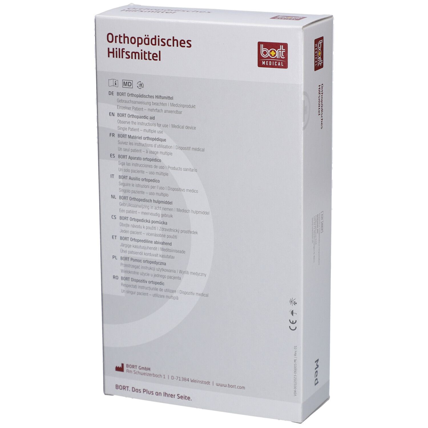 Rückseite der Verpackung BORT Med. Orthopädisches Hilfsmittel. Mehrsprachiger Text. Logo BORT MEDICAL.