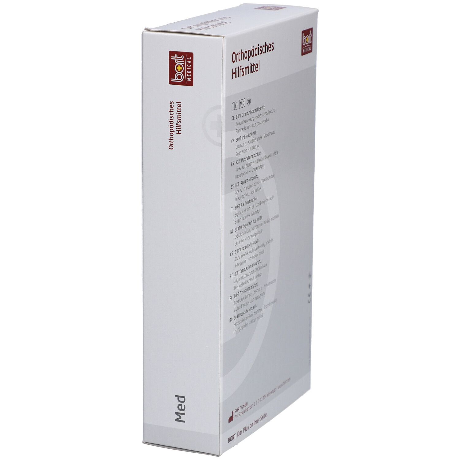 Seitenansicht der Verpackung BORT Med. Orthopädisches Hilfsmittel. Logo BORT MEDICAL. Text und Piktogramme.