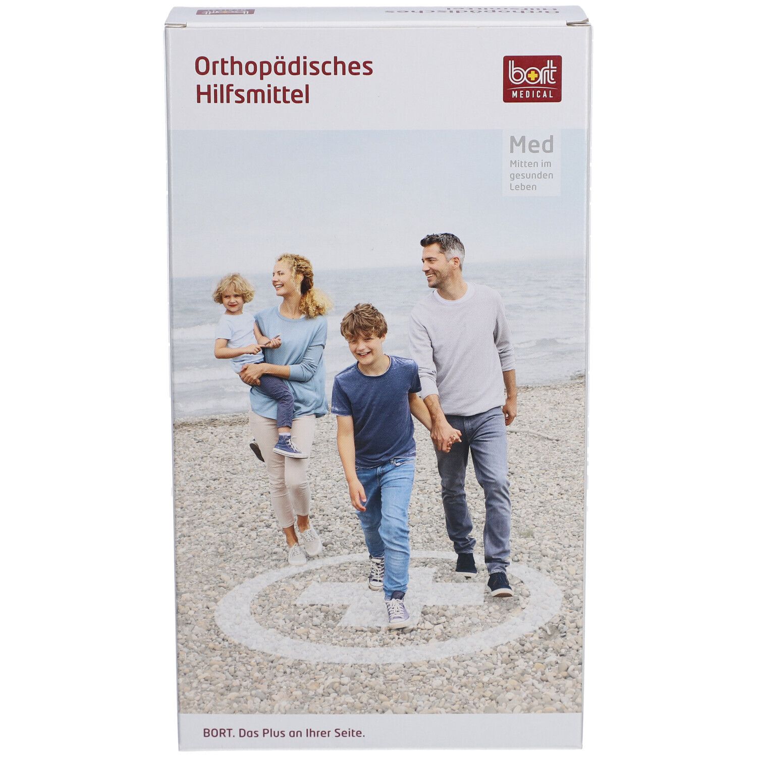 Verpackung BORT Med. Orthopädisches Hilfsmittel. Aufdruck: Familie am Strand. Logo BORT MEDICAL.