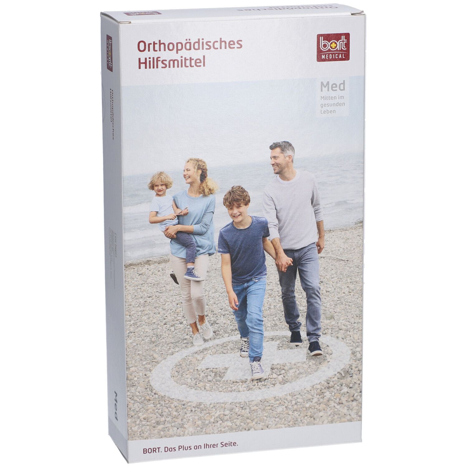 Verpackung BORT Med. Orthopädisches Hilfsmittel. Aufdruck: Familie am Strand. Logo BORT MEDICAL.