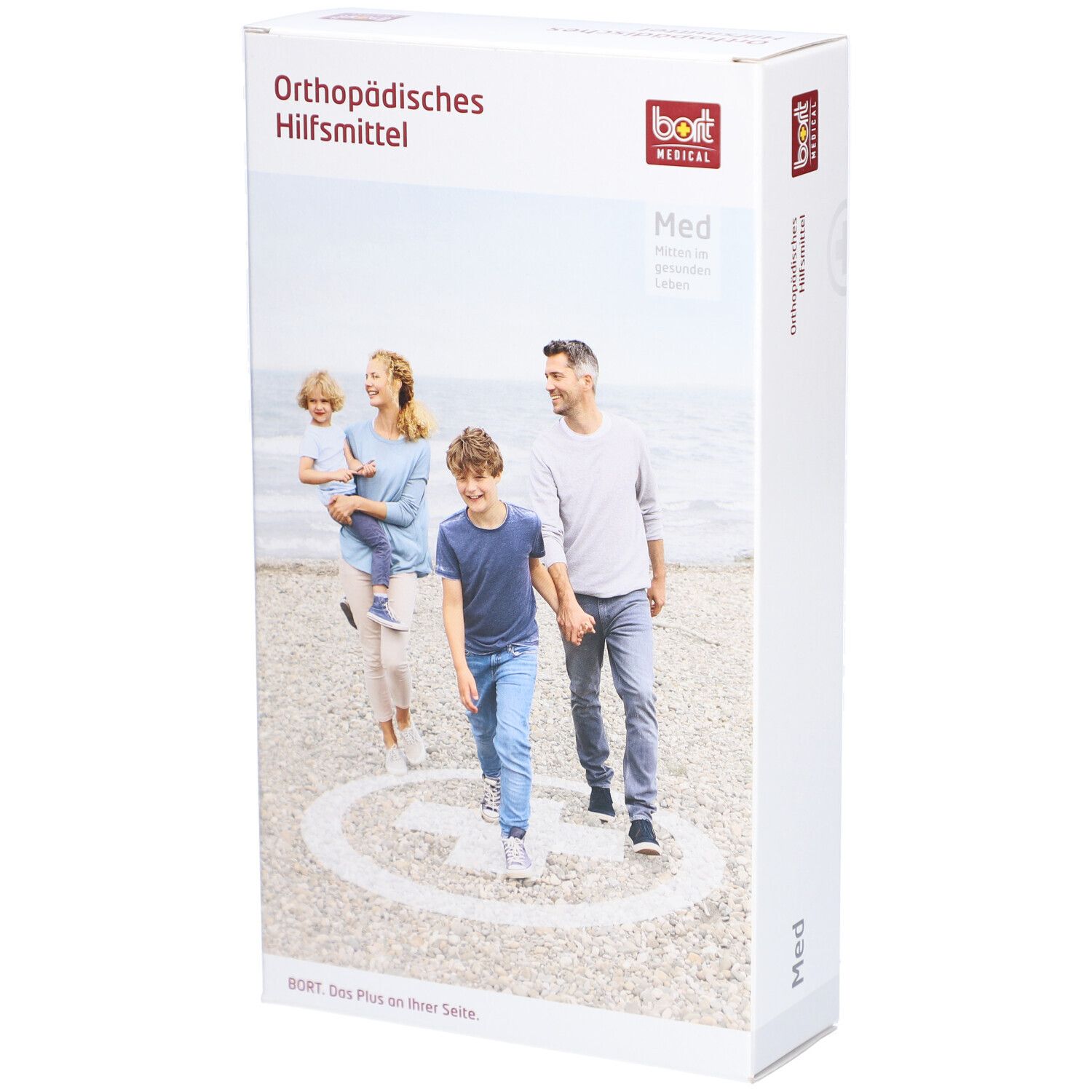 Verpackung mit Produktabbildung. Aufschrift: Orthopädisches Hilfsmittel. Marke: bort medical. Bild einer Familie am Strand.