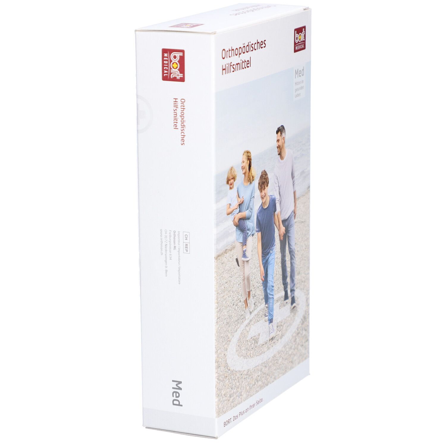 Produktverpackung, weiß. Aufschrift: Orthopädisches Hilfsmittel. Marke: bort medical. Bild einer Familie am Strand.