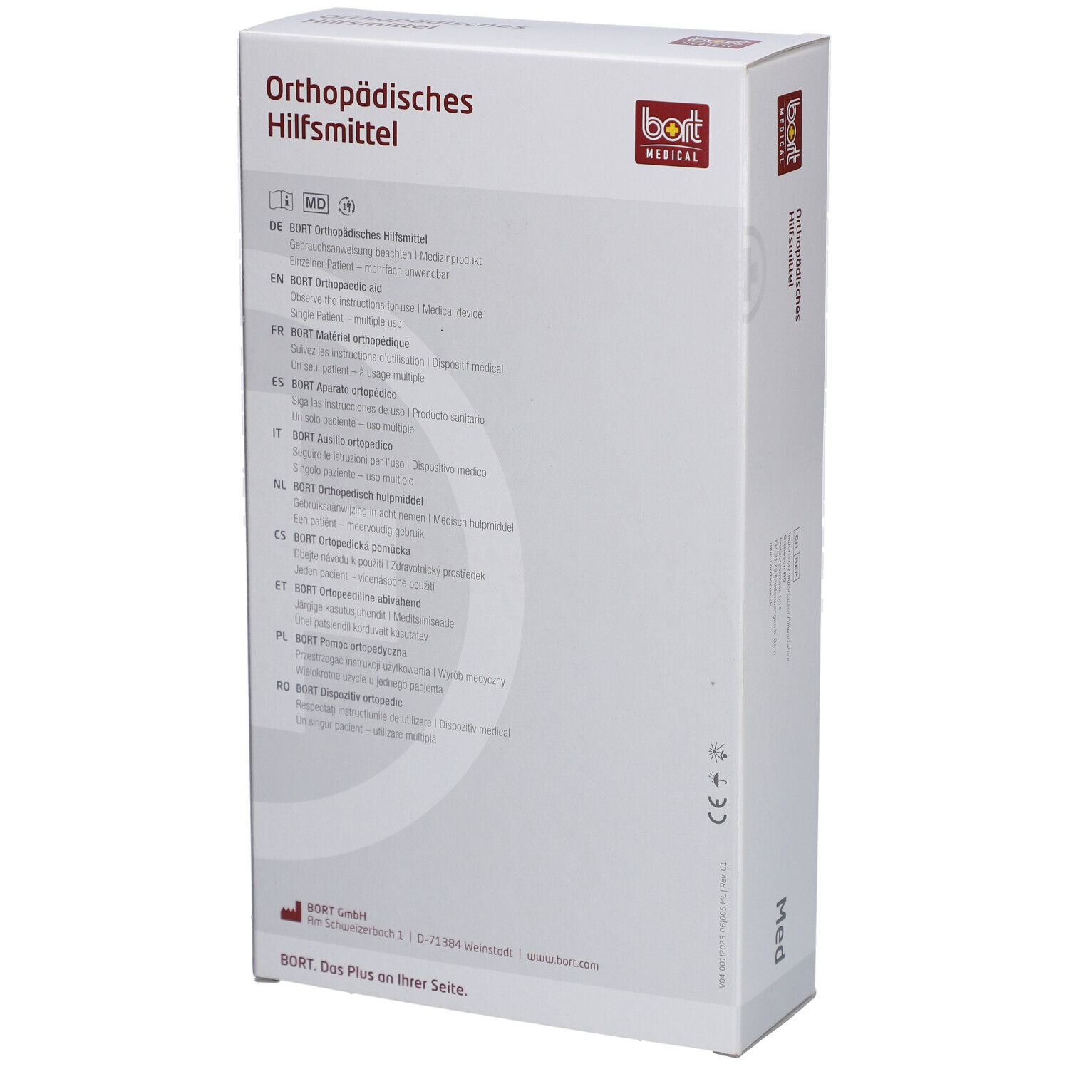 Produktverpackung, weiß. Aufschrift: Orthopädisches Hilfsmittel. Marke: bort medical. Text in verschiedenen Sprachen.