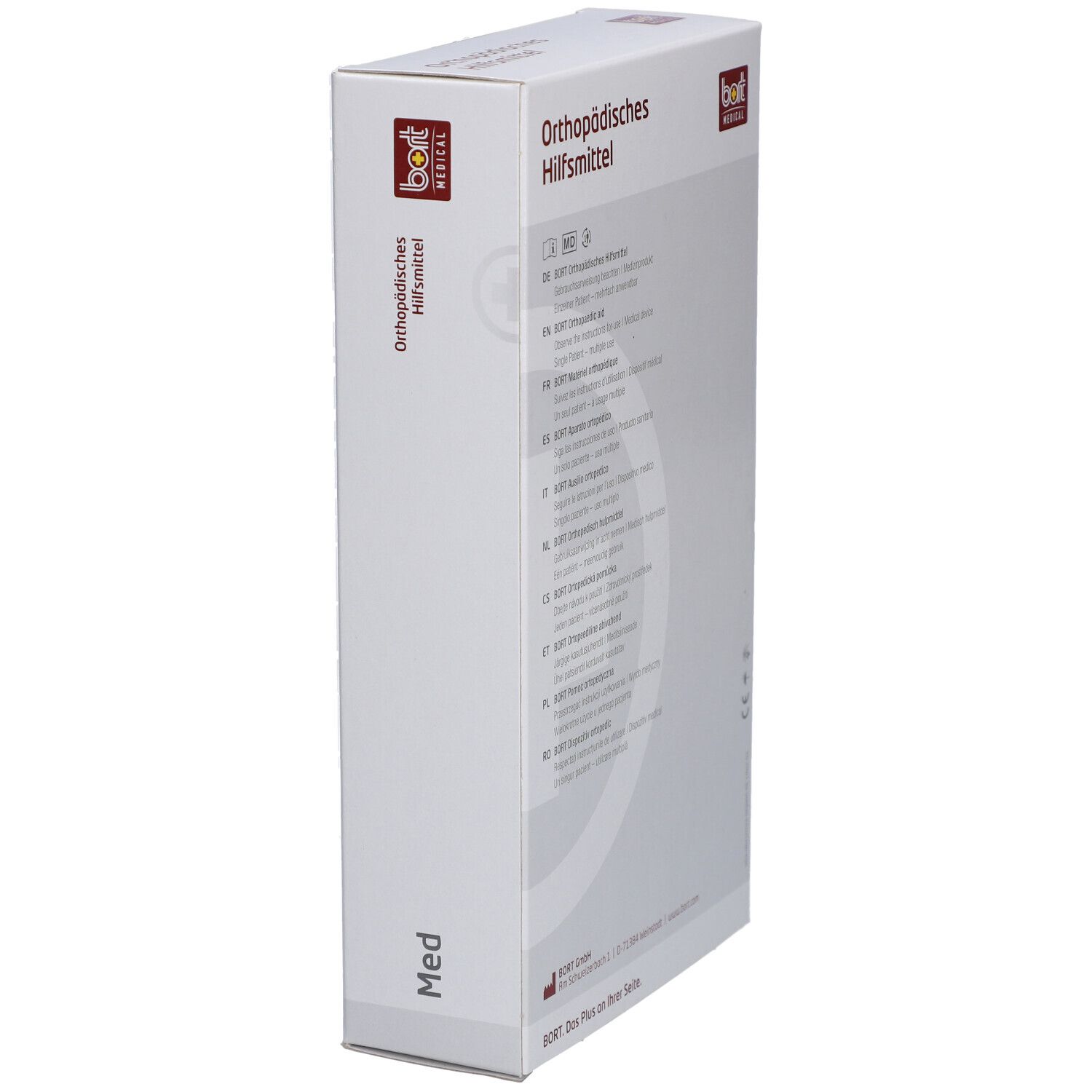 Produktverpackung, weiß. Aufschrift: Orthopädisches Hilfsmittel. Marke: bort medical. Piktogramme und Text.