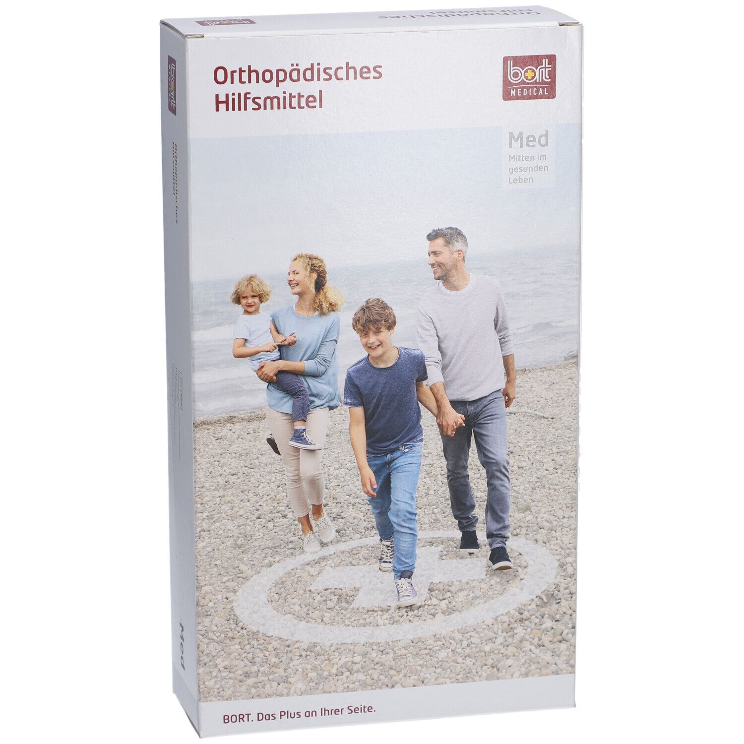 Produktverpackung, weiß. Aufschrift: Orthopädisches Hilfsmittel. Marke: bort medical. Bild einer Familie am Strand.