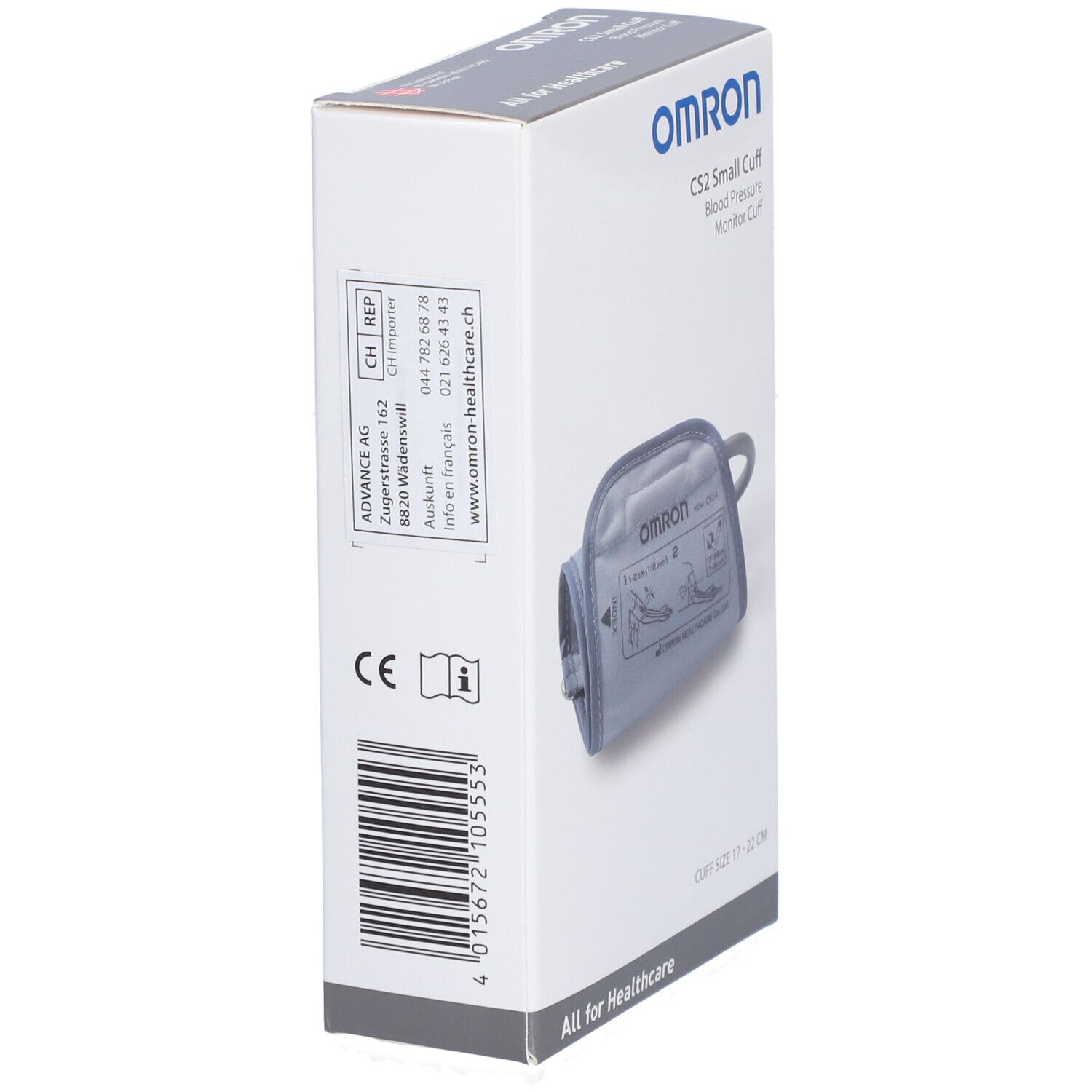 Verpackung des OMRON CS2 Manschette. Seitenansicht mit Barcode und CE-Kennzeichnung. Produktname und Logo.