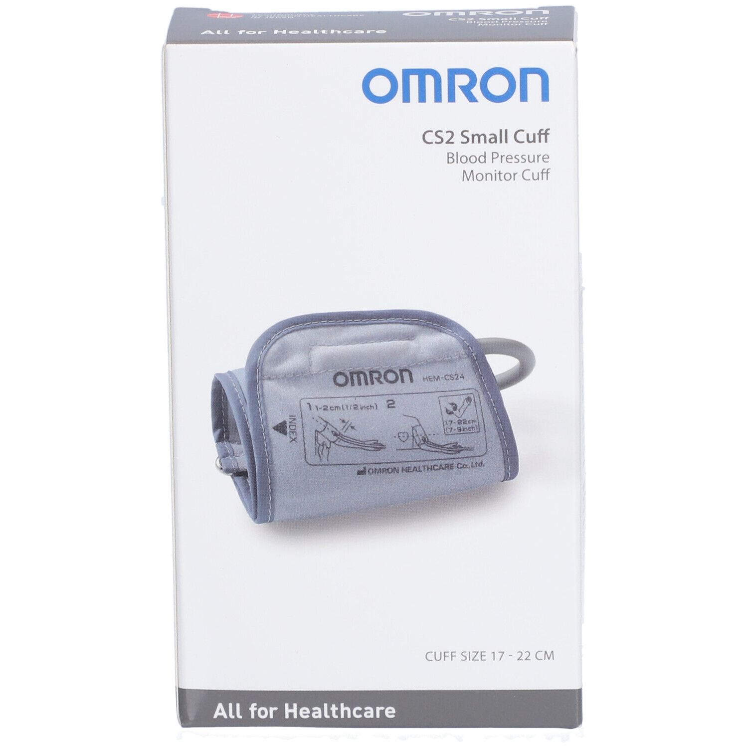 OMRON CS2 Manschette, 17-22cm, in Verpackung. Graue Manschette mit Logo. Verpackung mit Produktnamen und Logo.
