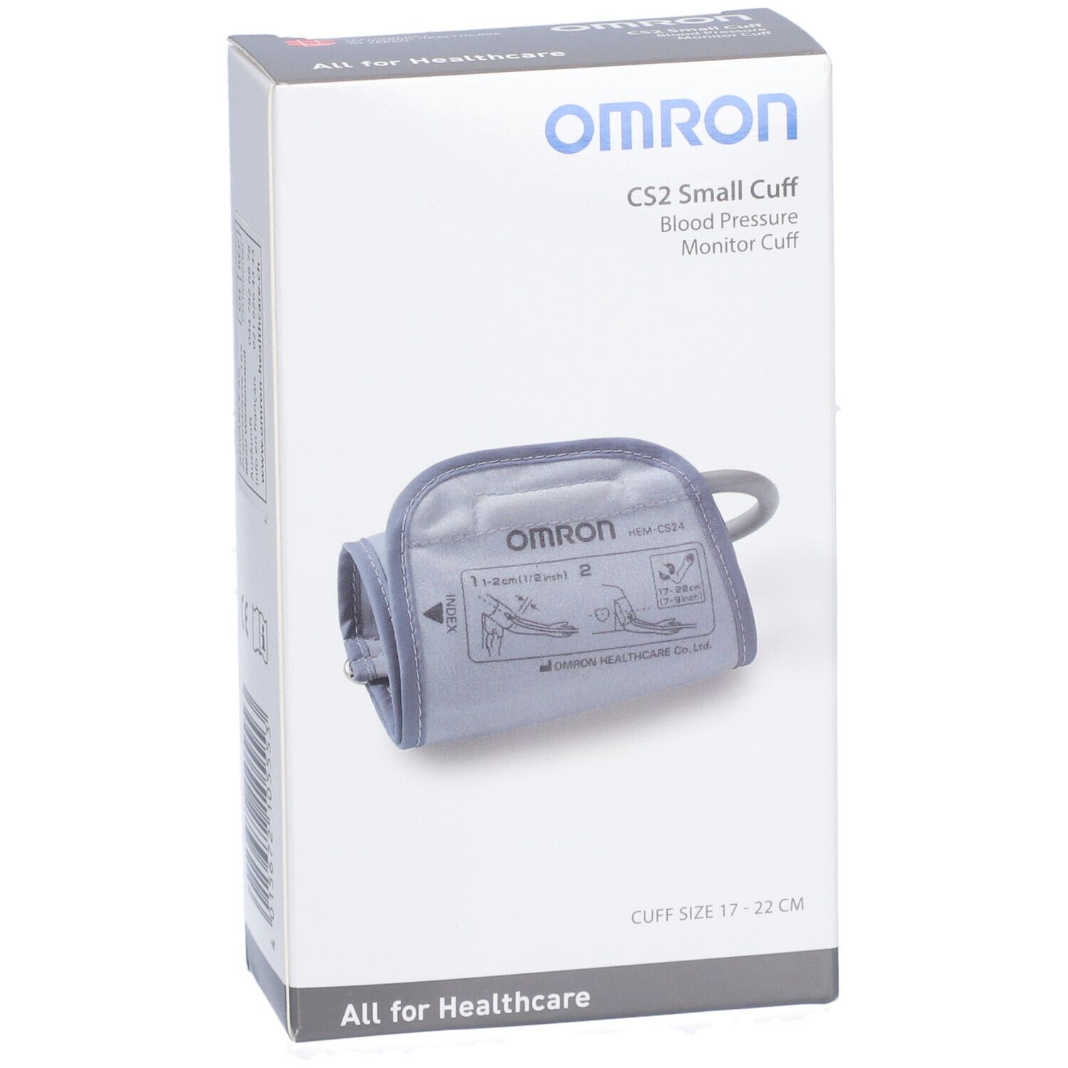 OMRON CS2 Manschette, 17-22cm, in Verpackung. Graue Manschette mit Logo. Verpackung mit Produktnamen und Logo.