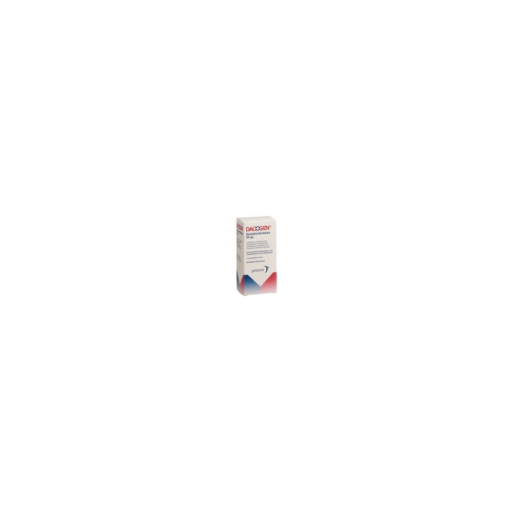 Kartonverpackung mit Produktinformationen. Aufschrift DACOGEN Trockensub 50 mg i.v. Durchstf. Farbgebung: Weiß, Blau und Rot.