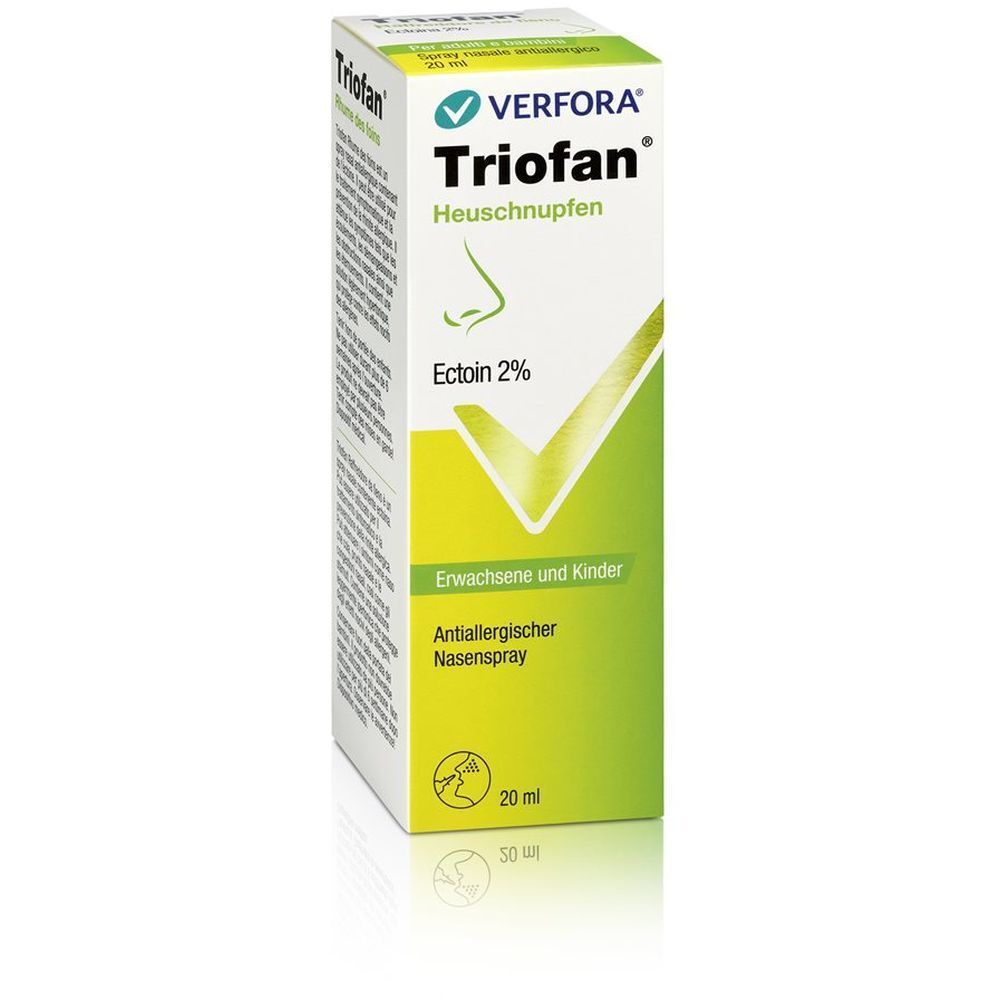 Boîte de TrioFan Rhume des foins. Ingrédients, logo et informations sur le produit.