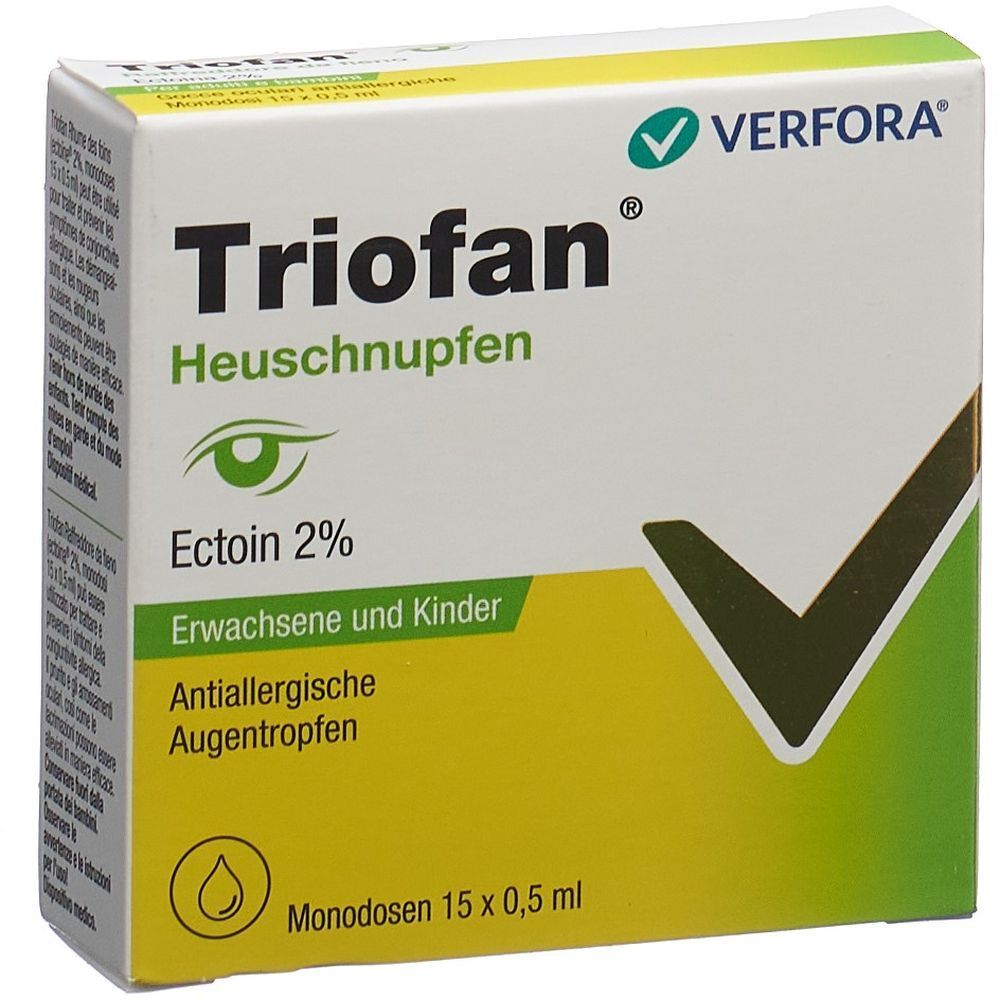 Boîte de gouttes ophtalmiques TrioFan. Contient 15 monodoses. Ectoïne 2%. Pour adultes et enfants. Gouttes ophtalmiques antiallergiques.