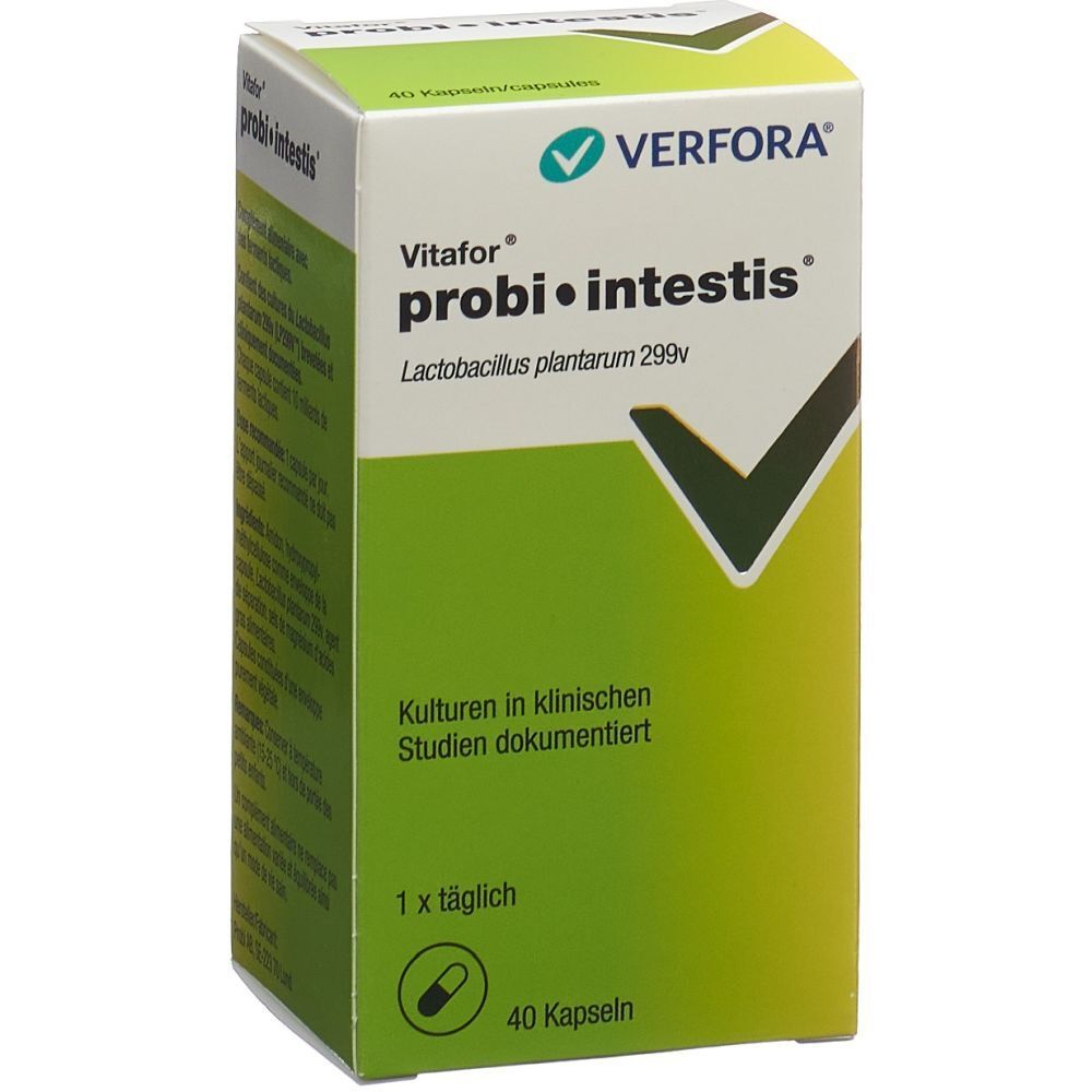 Vitafor probi•intestis, 40 Kapseln. Verpackung mit Produktinformationen und Logo.