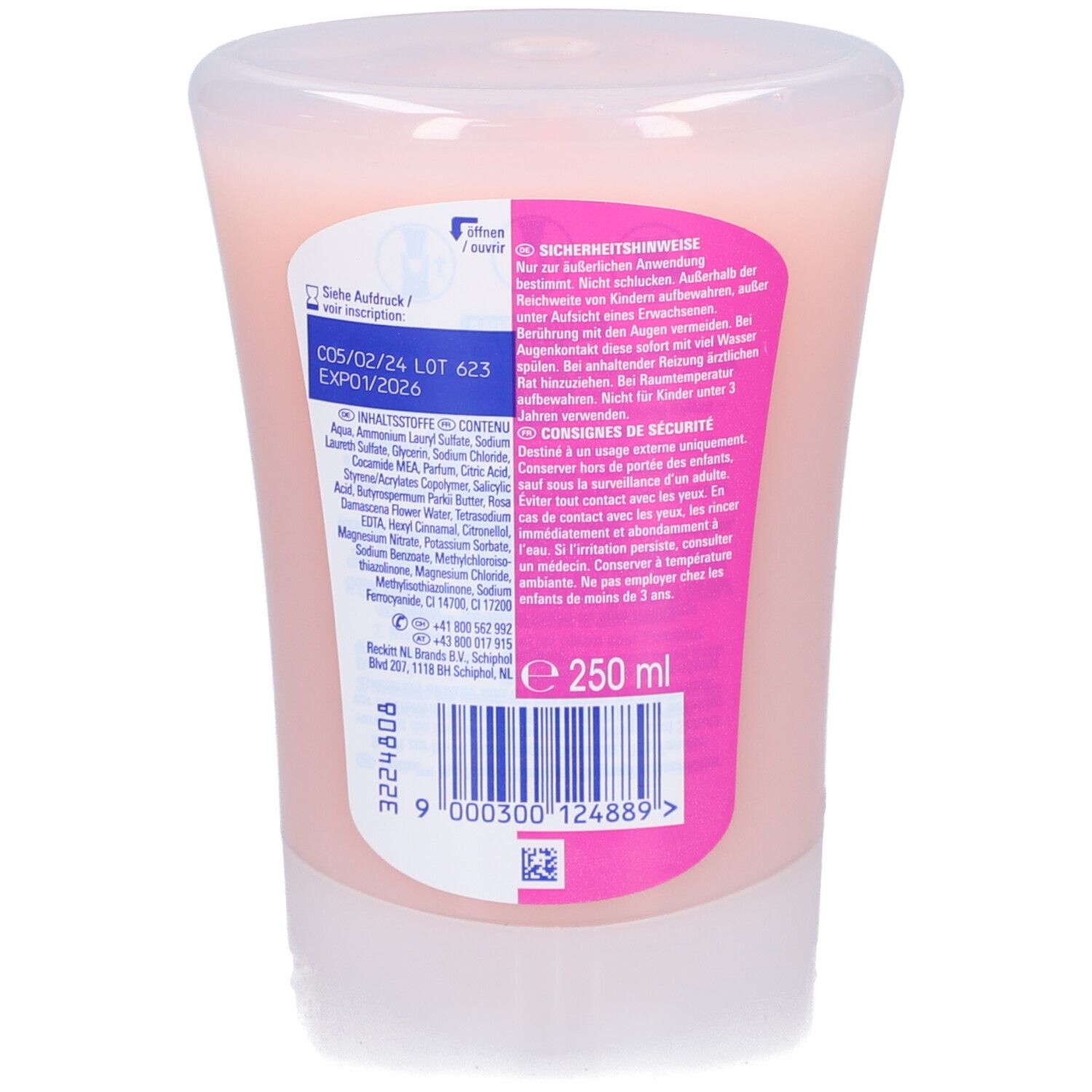Dos du savon liquide. Contient des informations et des ingrédients. 250 ml.