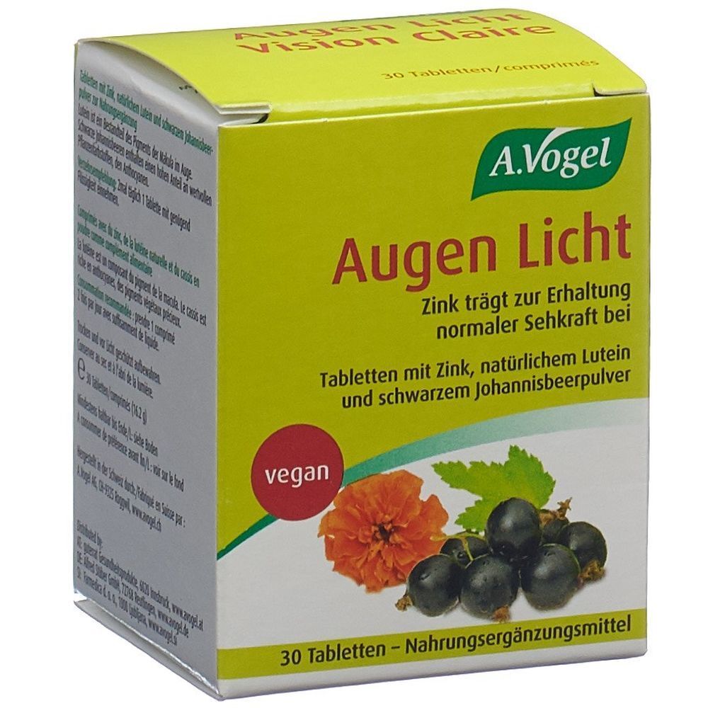 A. Vogel Augen Licht. Boîte avec informations produit, illustrations de cassis et fleur. Label végan.