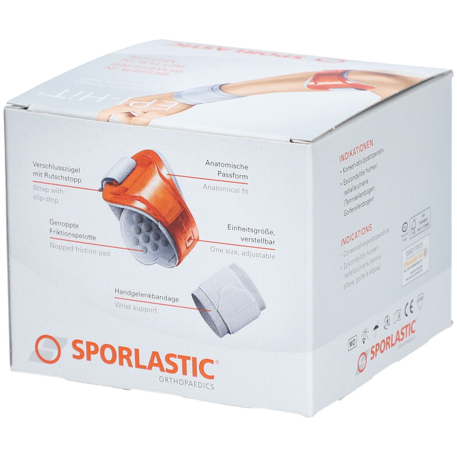 Produktverpackung mit Abbildungen des Epi-Hit-Bandage. Orangefarbene Bandage mit weißem Handgelenkband. Text: SPORLASTIC.