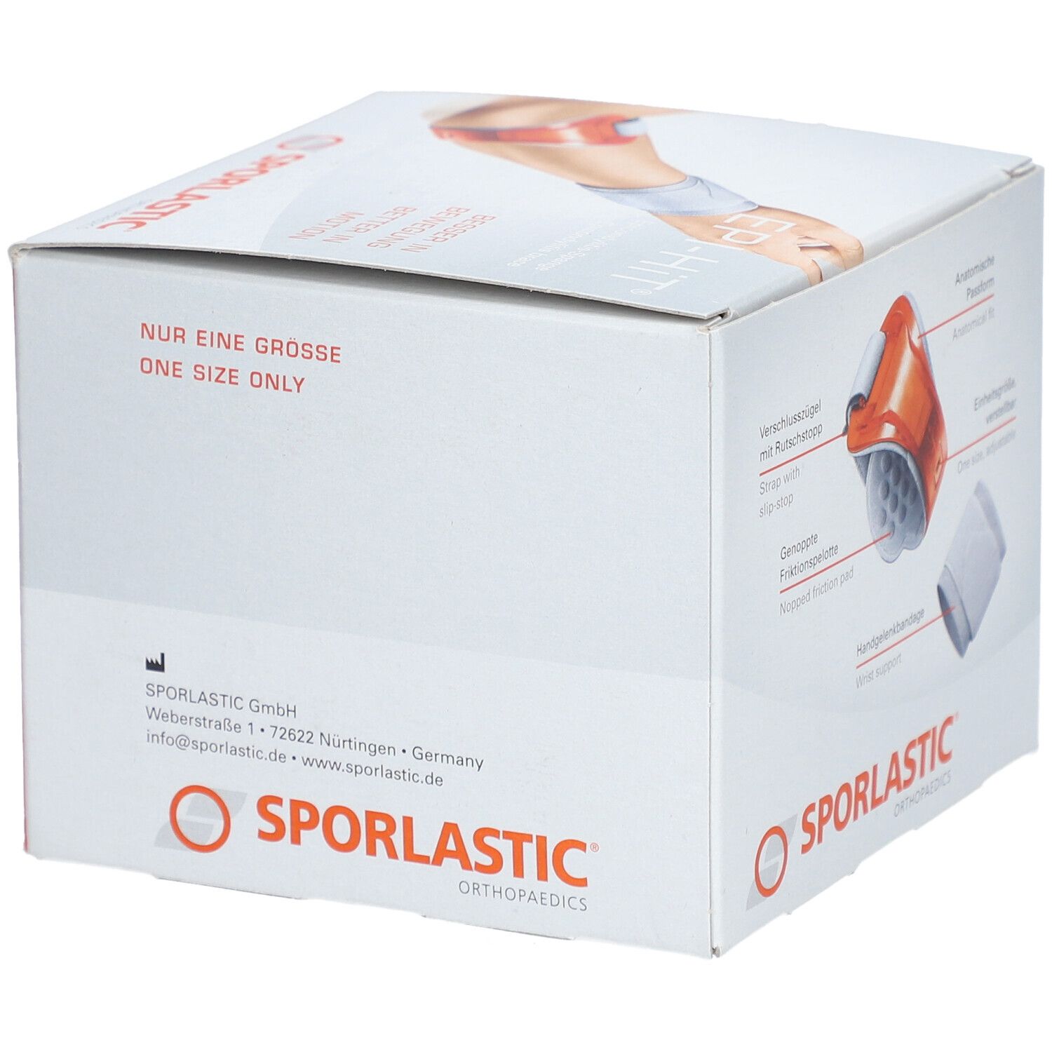 Produktverpackung mit Epi-Hit-Bandage. Orangefarbene Bandage mit weißem Handgelenkband. Text: SPORLASTIC, Nur eine Größe.