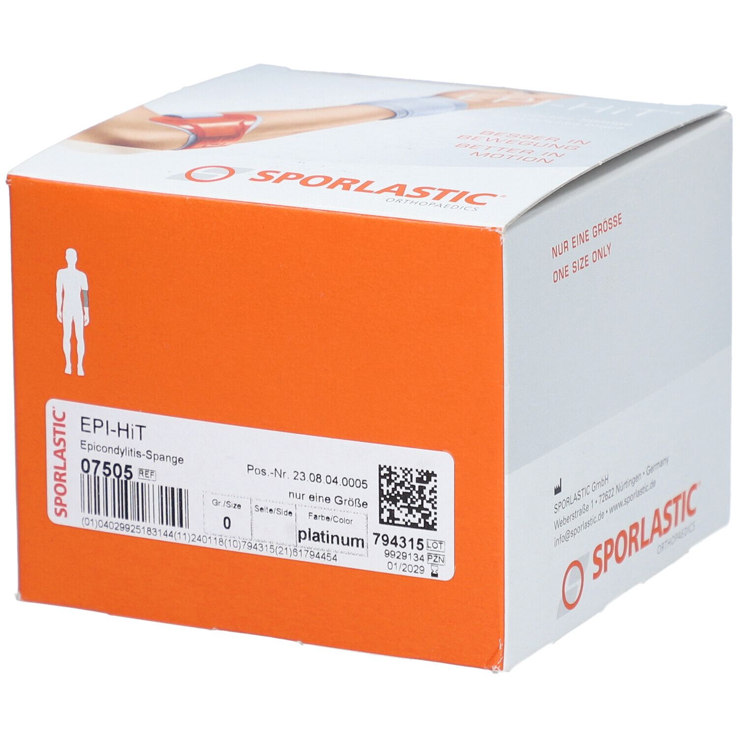 Produktverpackung mit Epi-Hit-Bandage. Orangefarbene Verpackung mit Text: EPI-HIT, SPORLASTIC. Barcode und Größenangabe.
