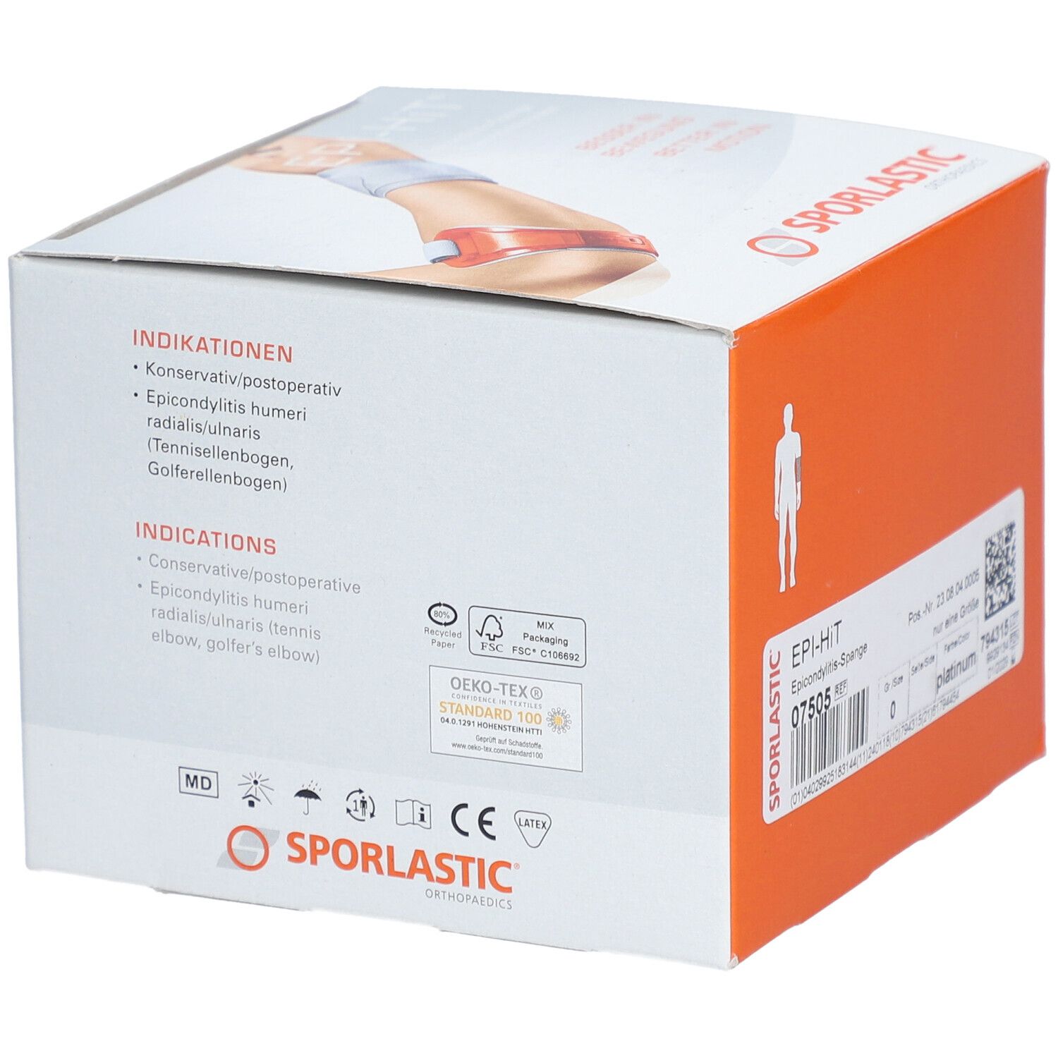 Produktverpackung mit Epi-Hit-Bandage. Orangefarbene Verpackung mit Text: EPI-HIT, SPORLASTIC. Indikationen und Zertifizierungen.