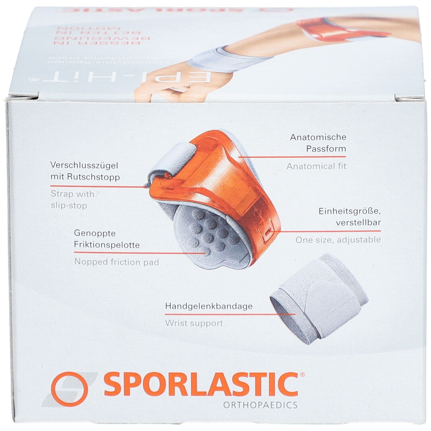 Produktverpackung mit Abbildungen des Epi-Hit-Bandage. Orangefarbene Bandage mit weißem Handgelenkband. Text: SPORLASTIC.