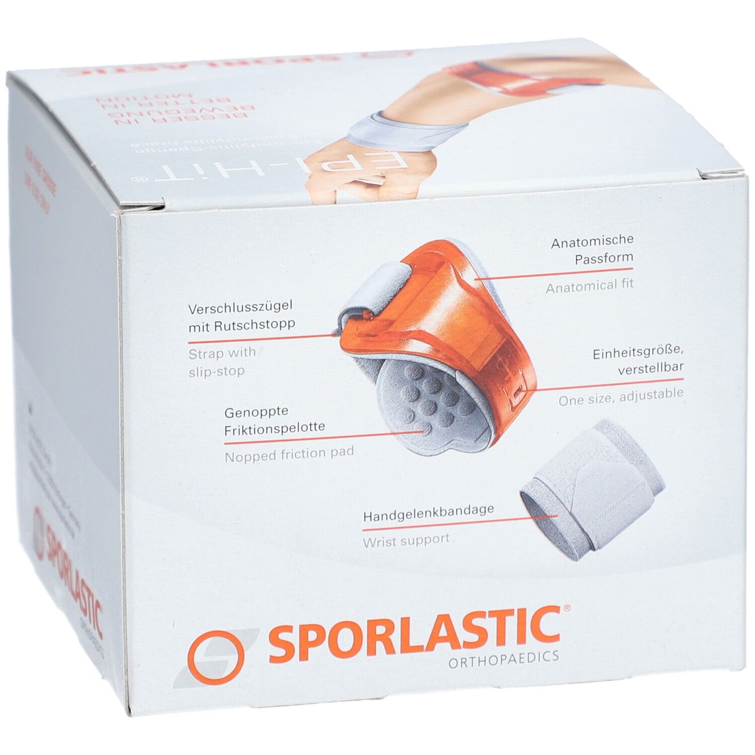 Produktverpackung mit Abbildungen des Epi-Hit-Bandage. Orangefarbene Bandage mit weißem Handgelenkband. Text: SPORLASTIC.