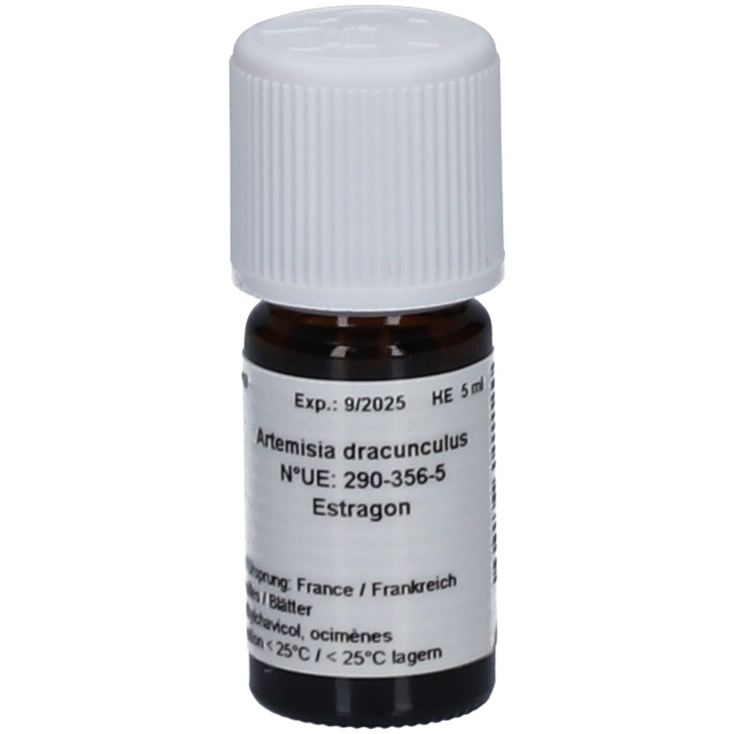 Bruine glazen fles met witte dop. Etiket met tekst: Artemisia dracunculus, Estragon, Exp. 9/2025. HE 5 ml.