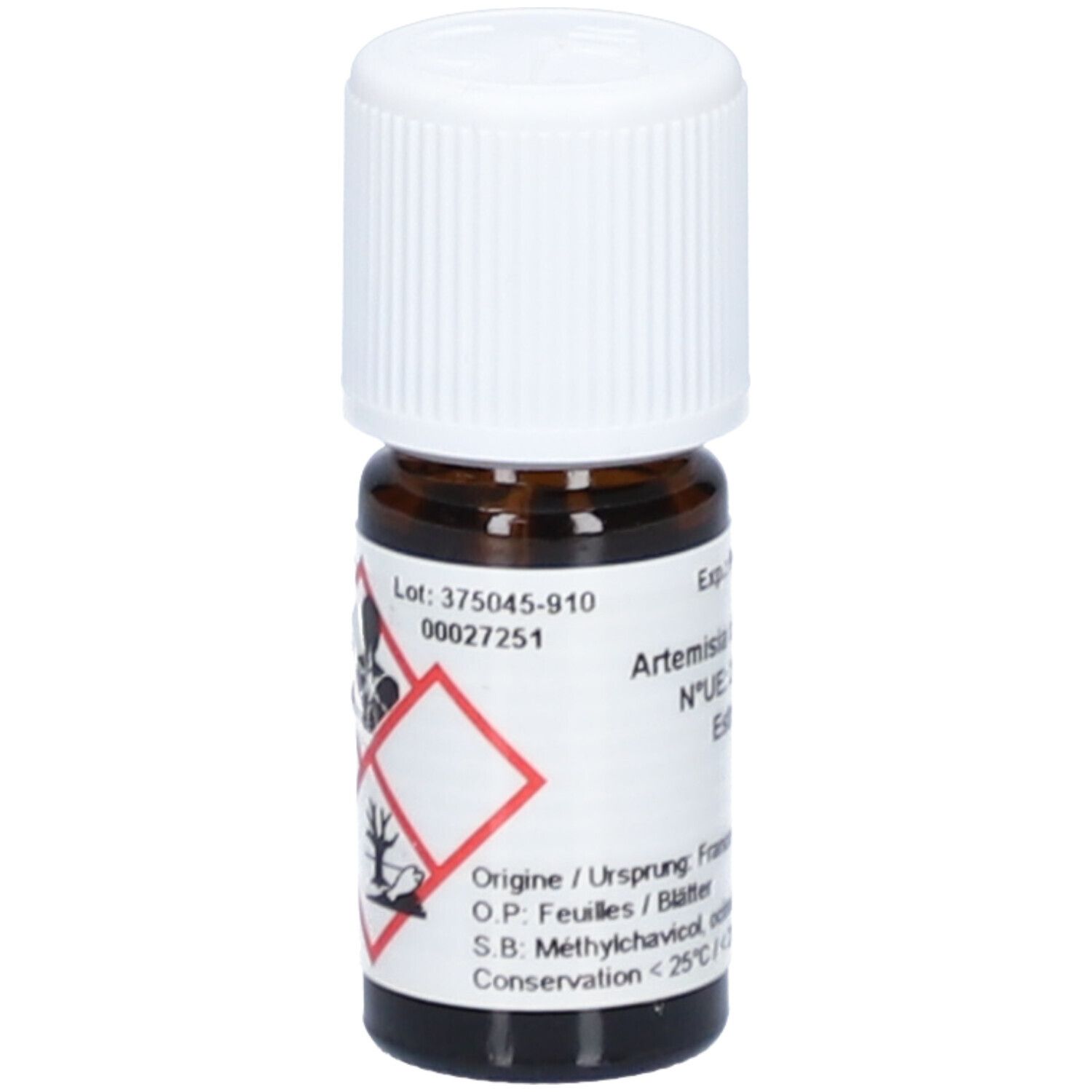 Bruine glazen fles met witte dop. Etiket met gevarensymbolen en tekst: Artemisia dracunculus, Estragon.