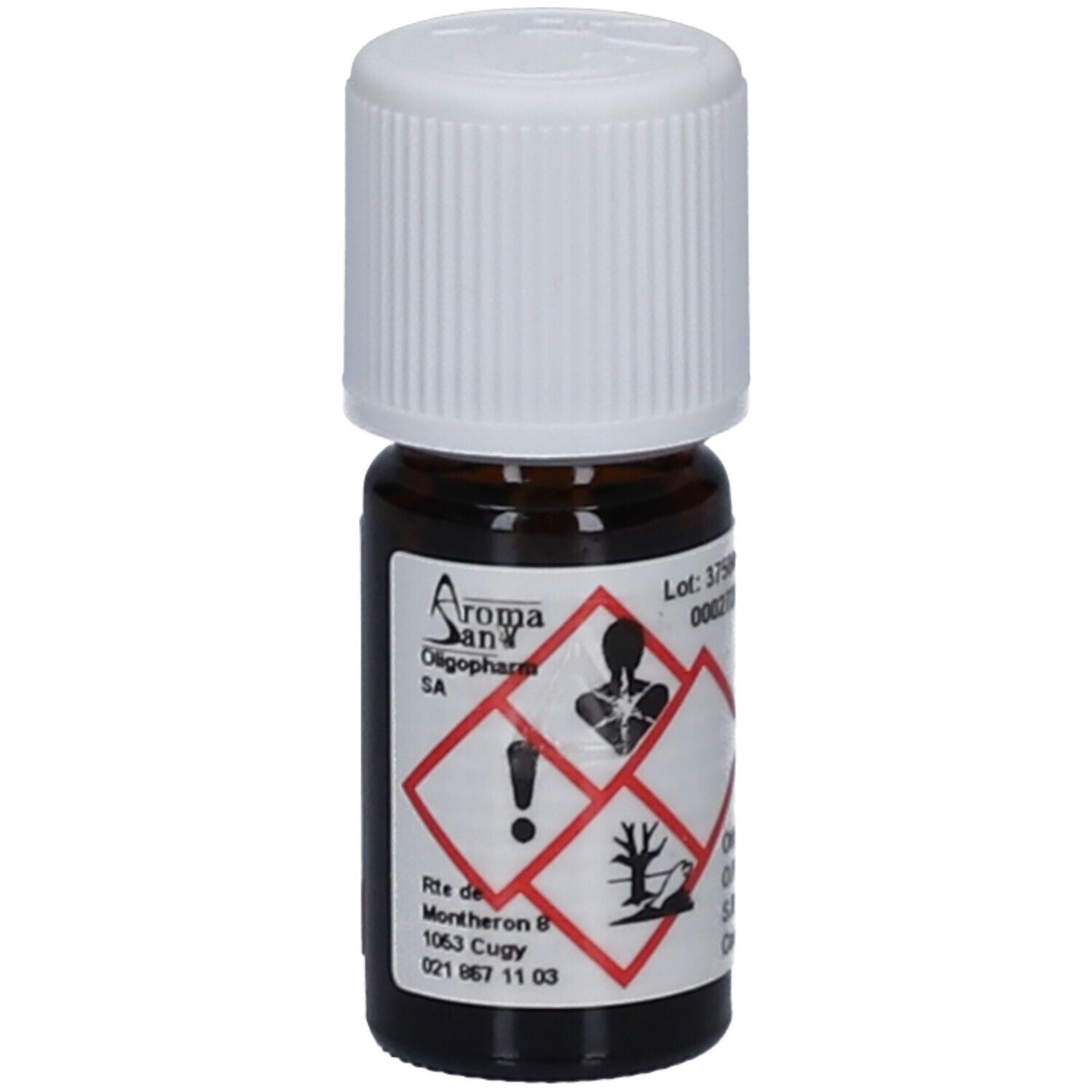 Bruine glazen fles met witte dop. Etiket met gevarensymbolen en tekst: AromaSan, Estragon.