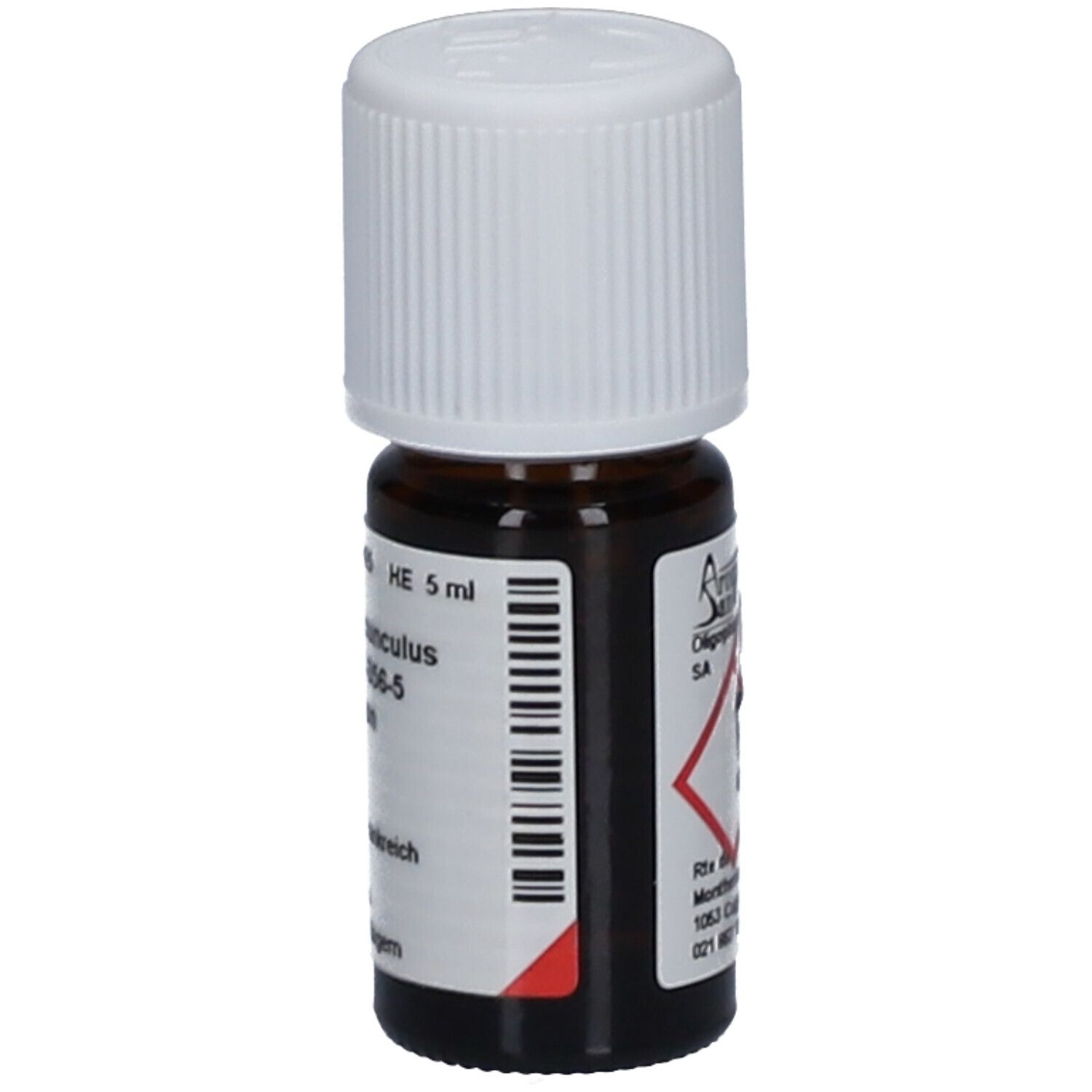 Bruine glazen fles met witte dop. Etiket met barcode en tekst: Artemisia dracunculus, Estragon.