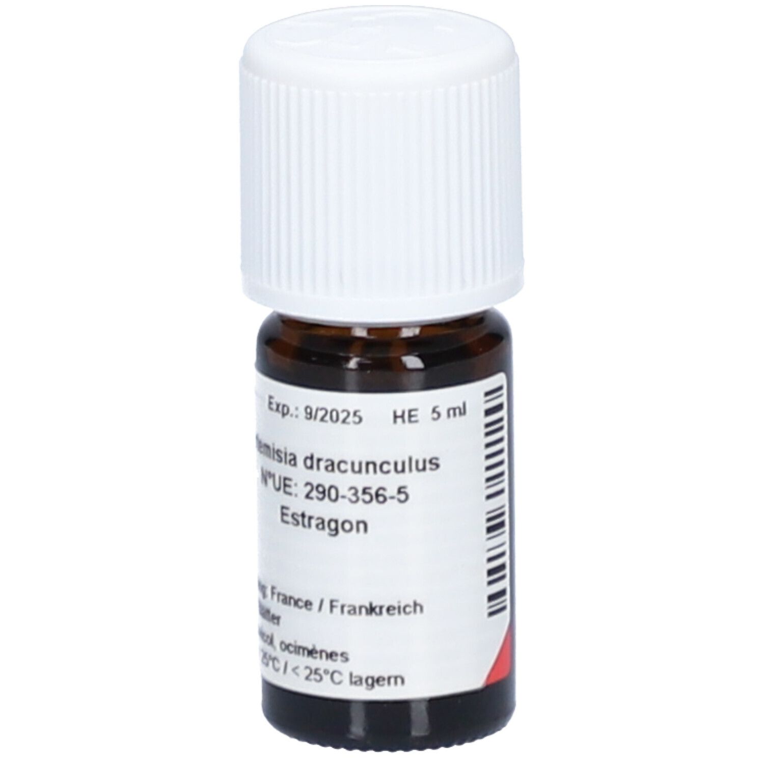 Bruine glazen fles met witte dop. Etiket met tekst: Artemisia dracunculus, Estragon, Exp. 9/2025. HE 5 ml.