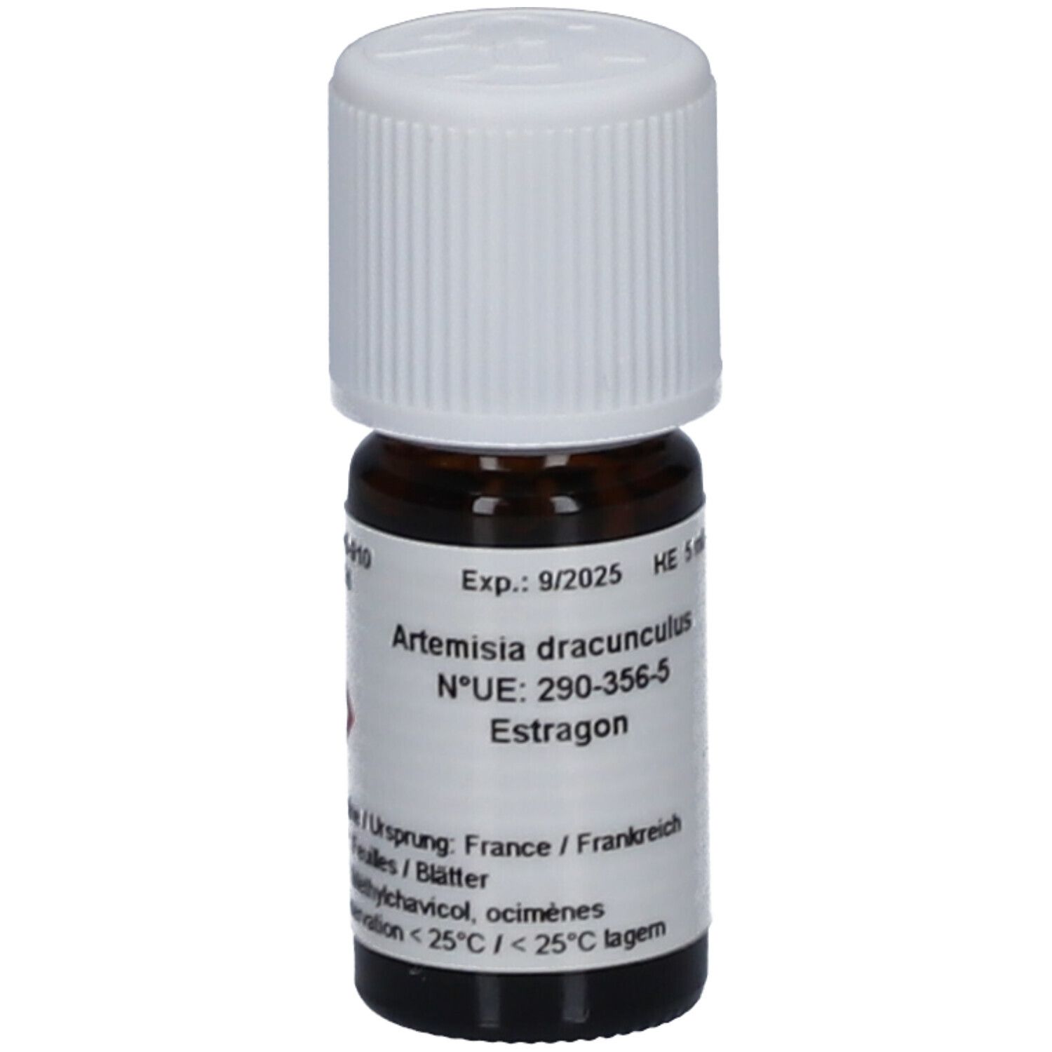 Bruine glazen fles met witte dop. Etiket met tekst: Artemisia dracunculus, Estragon, Exp. 9/2025. HE 5 ml.