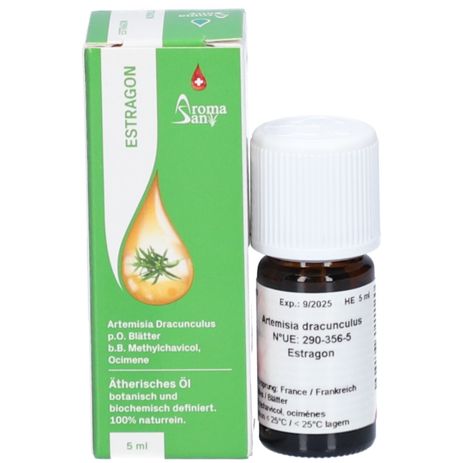 Bruine glazen fles met witte dop en groene doos. Op de doos: Estragon, 5 ml, AromaSan.